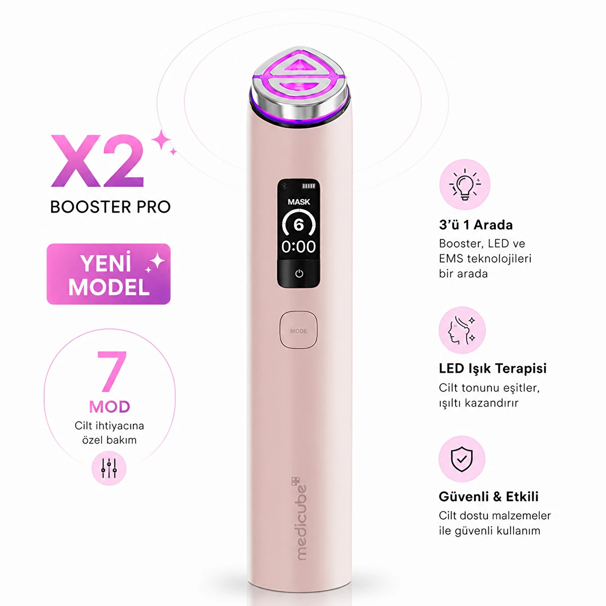 Dijital ekranlı ve mor LED ışıklı pembe Medicube Booster Pro cilt bakım cihazı.