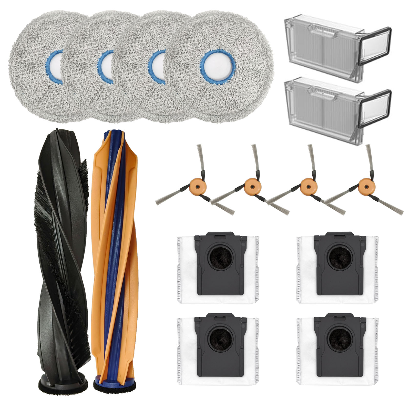 Pièces de rechange pour robot aspirateur comprenant quatre serpillères, deux brosses rotatives, quatre brosses et sacs.