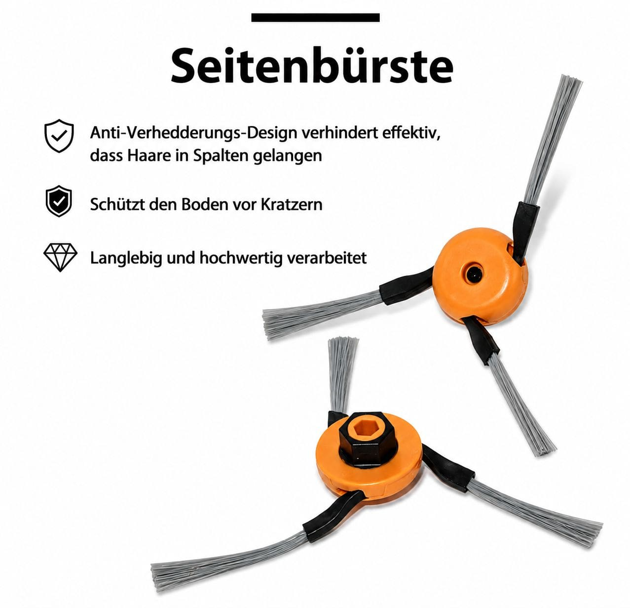 Deux brosses latérales orange pour robot aspirateur avec poils gris et texte en allemand sur fond blanc.