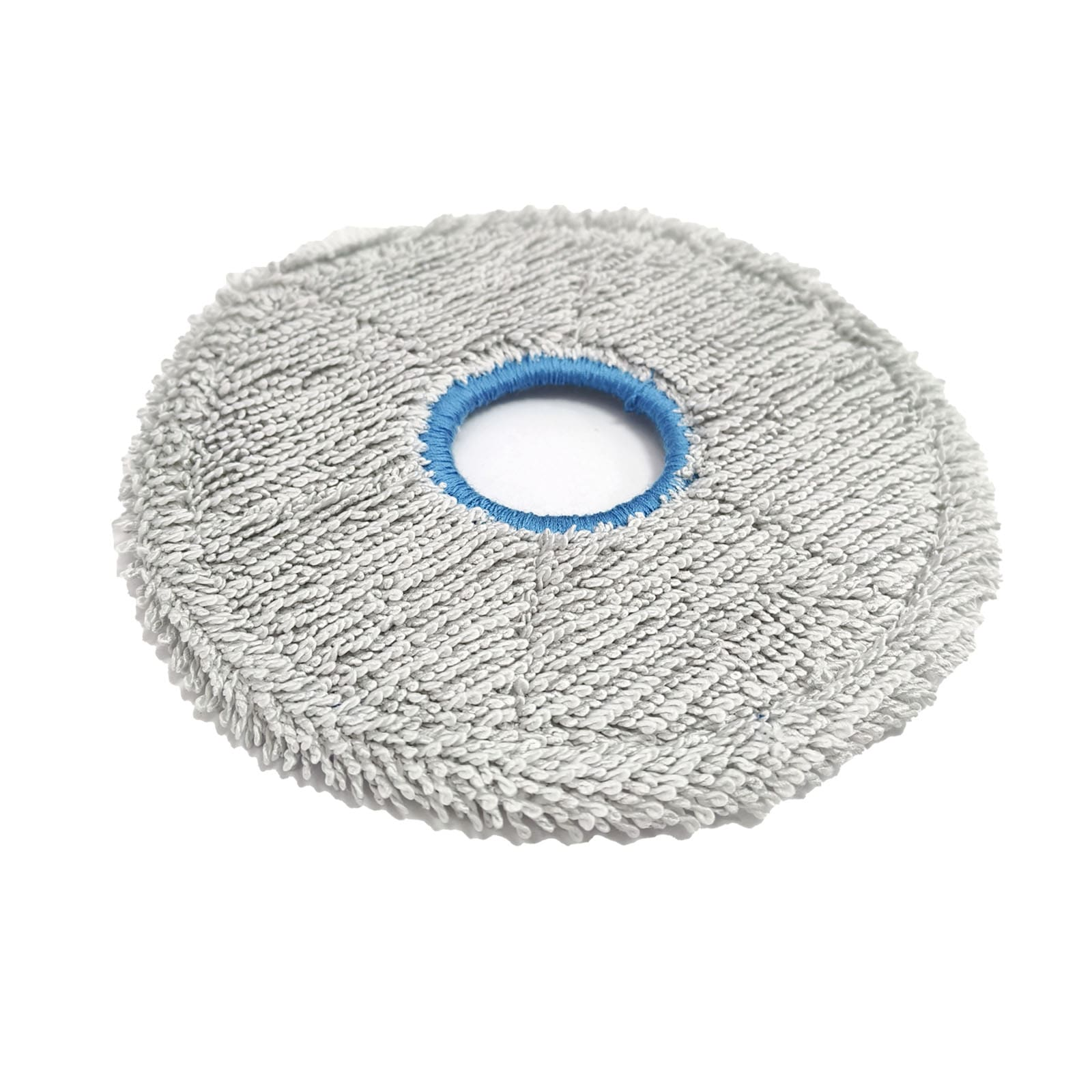 Une serpillière ronde en microfibre grise avec un trou bordé de bleu au centre, sur fond blanc.