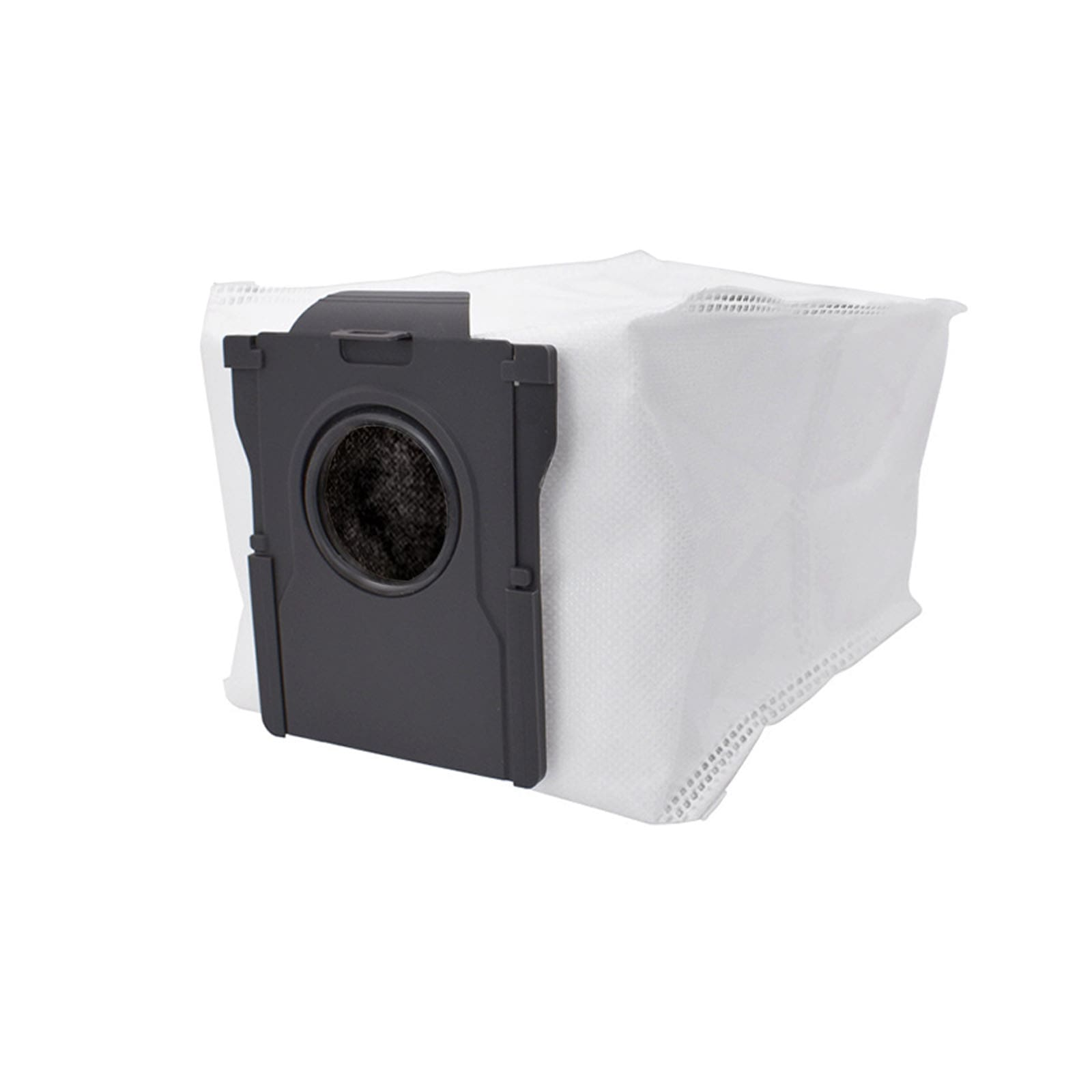 Un sac d'aspirateur blanc avec un col en plastique gris foncé et un trou d'admission sur fond blanc.
