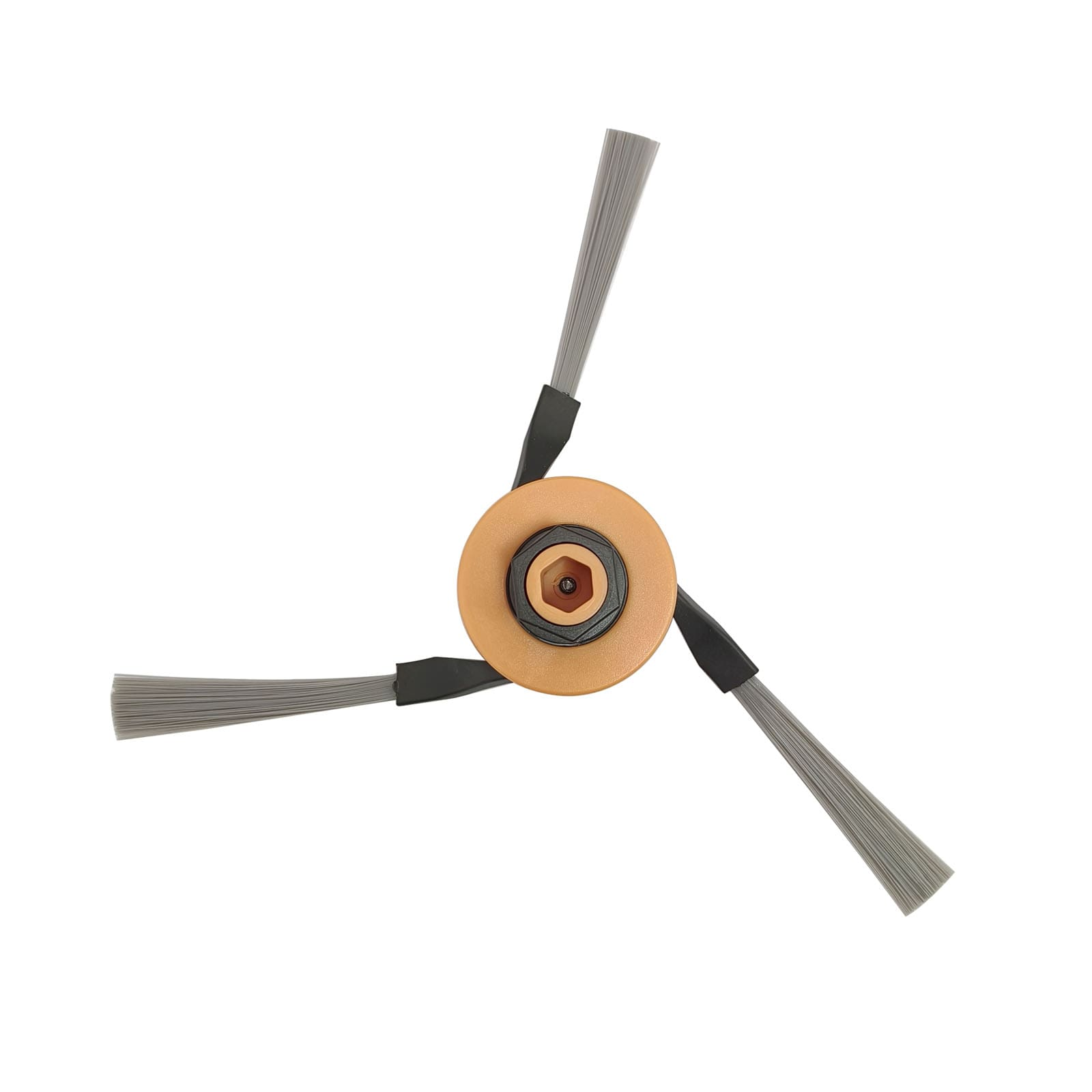 Une brosse latérale d'aspirateur robot orange à trois pales avec des poils gris sur fond blanc.