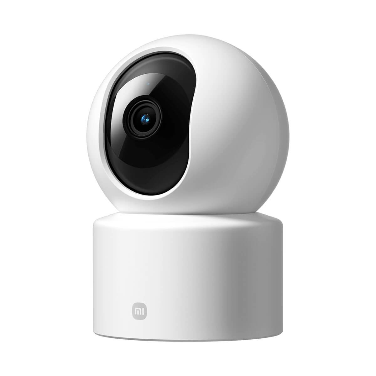 Telecamera di sicurezza bianca Xiaomi con corpo rotondo e obiettivo nero.
