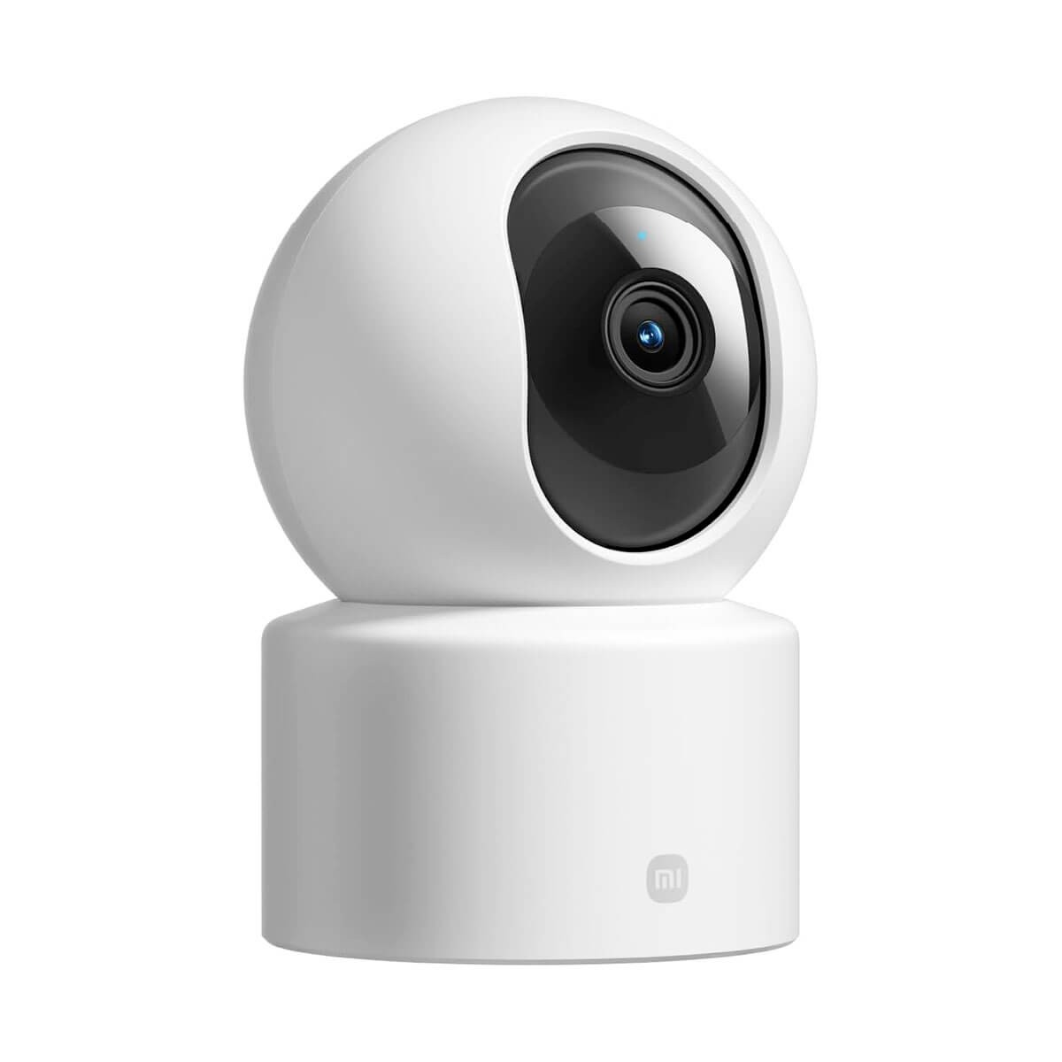 Una telecamera di sicurezza Xiaomi bianca con testa sferica e base cilindrica su sfondo bianco.
