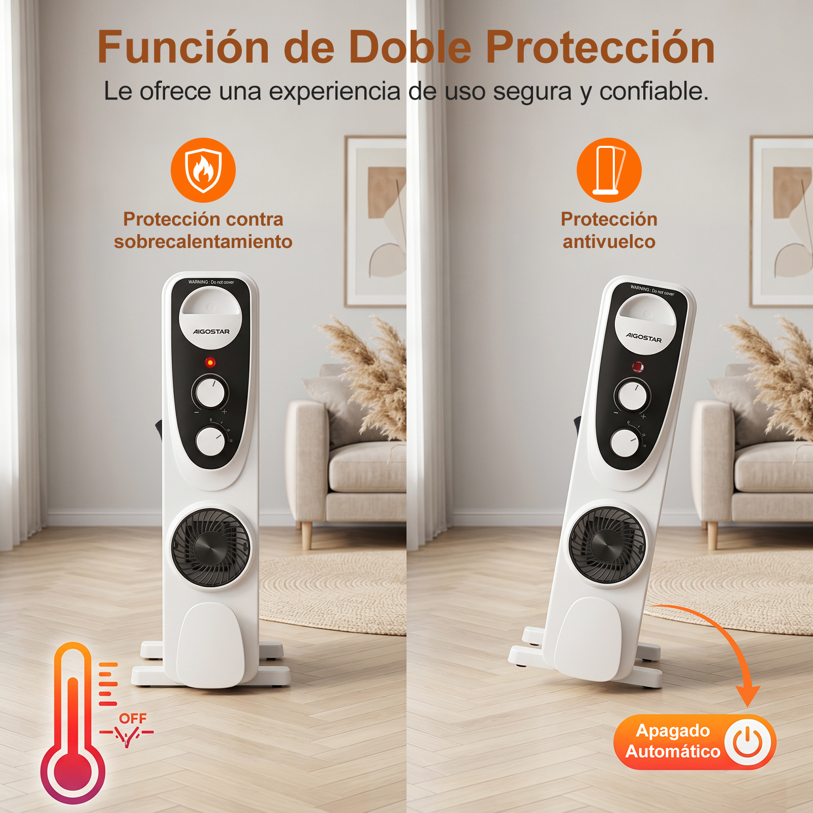 Calefactor blanco con protección contra sobrecalentamiento y vuelco.
