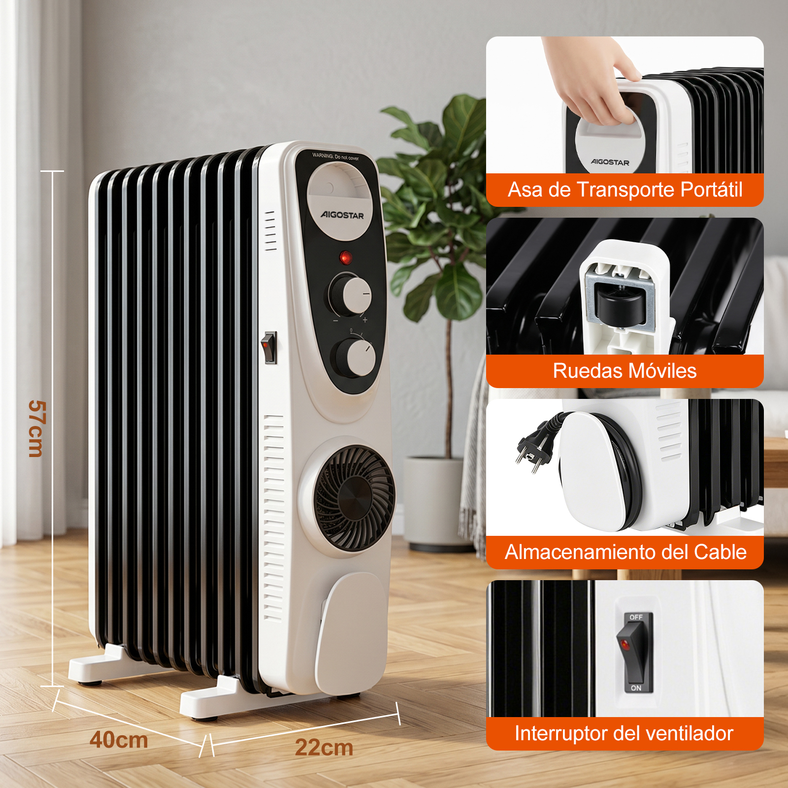 Un radiador de aceite Aigostar blanco y negro con detalles de ventilador, asa, ruedas y recogecables.