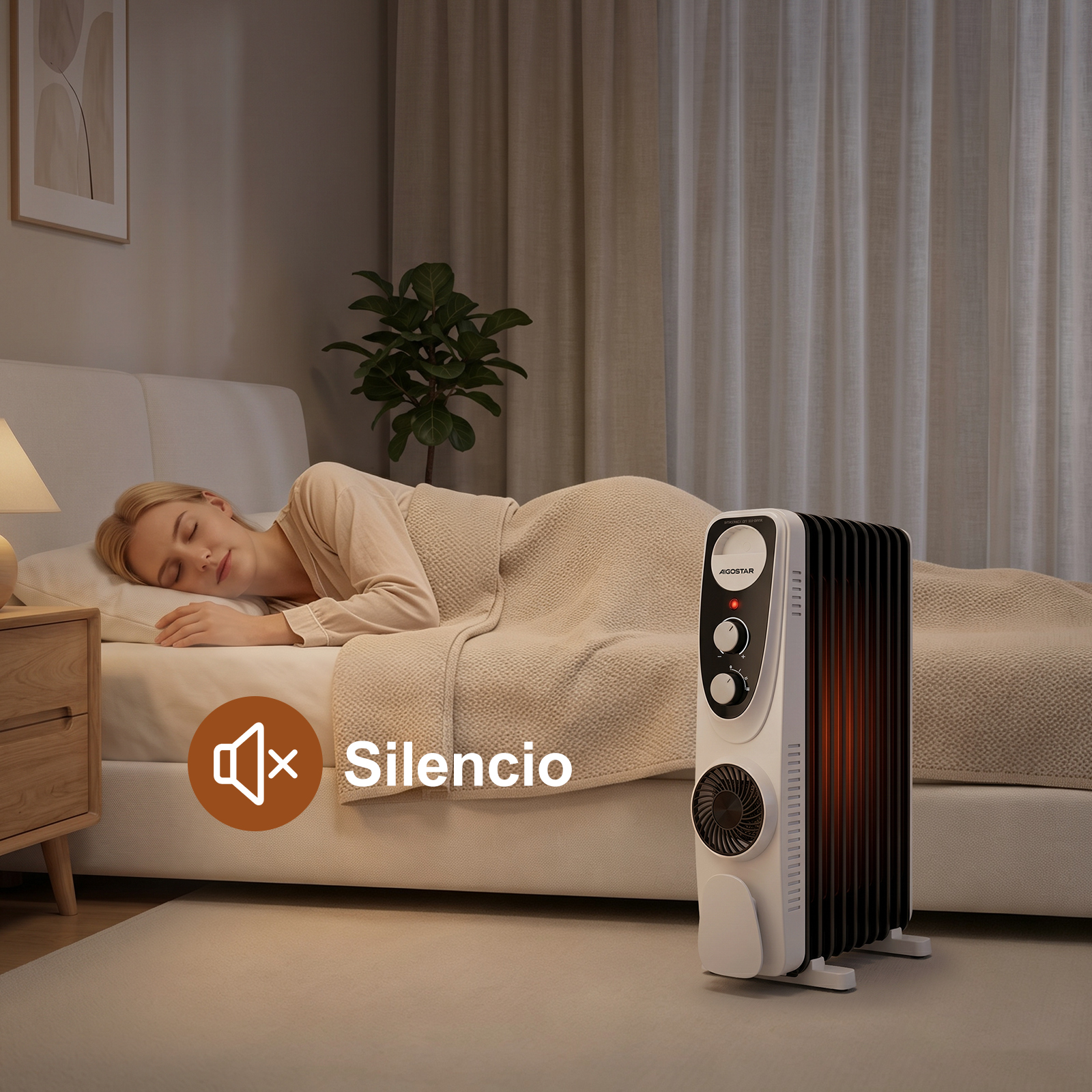 Una mujer duerme plácidamente en la cama mientras un calefactor funciona silenciosamente en el suelo.