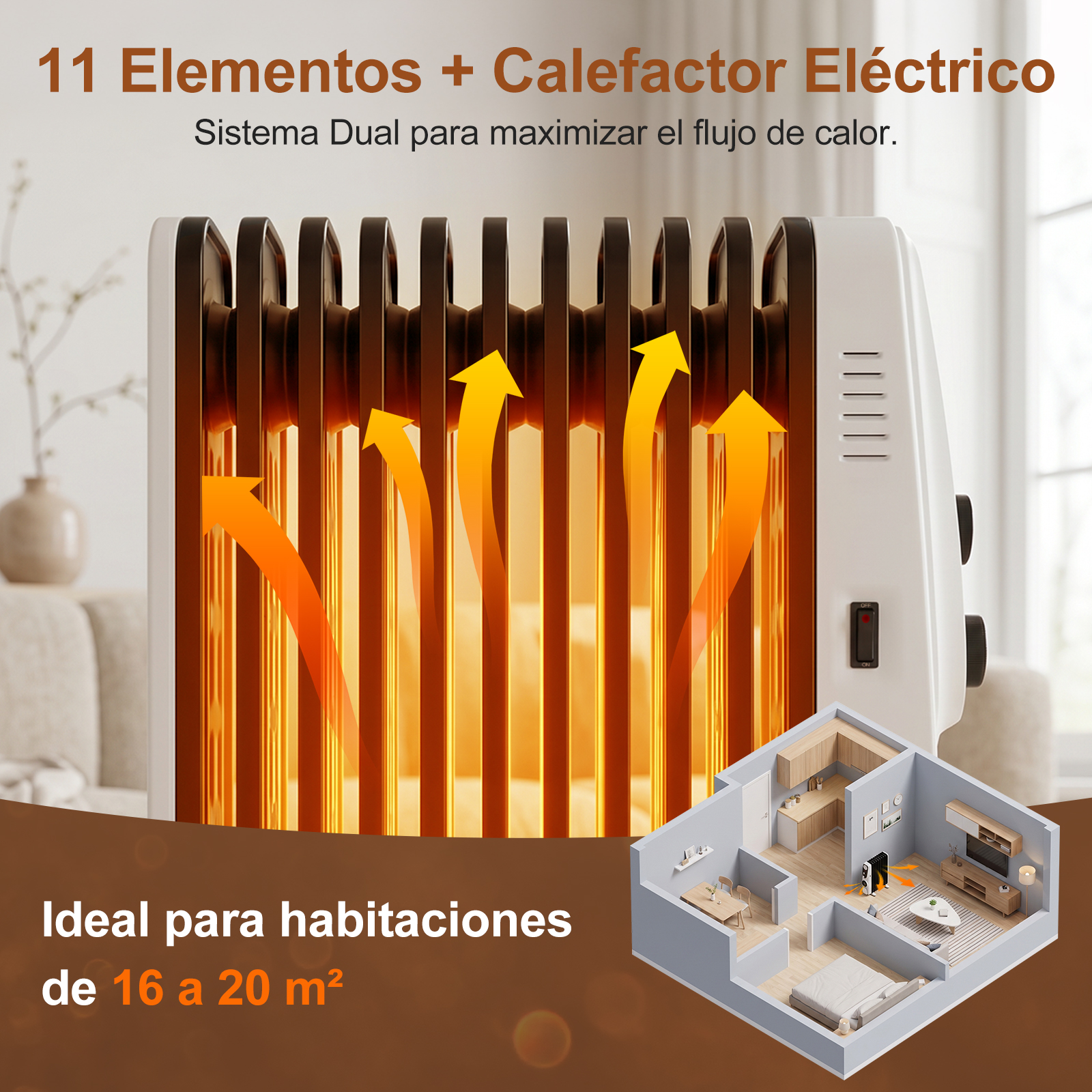 Radiador eléctrico de 11 elementos con flechas de calor naranjas y miniatura de casa abajo a la derecha.