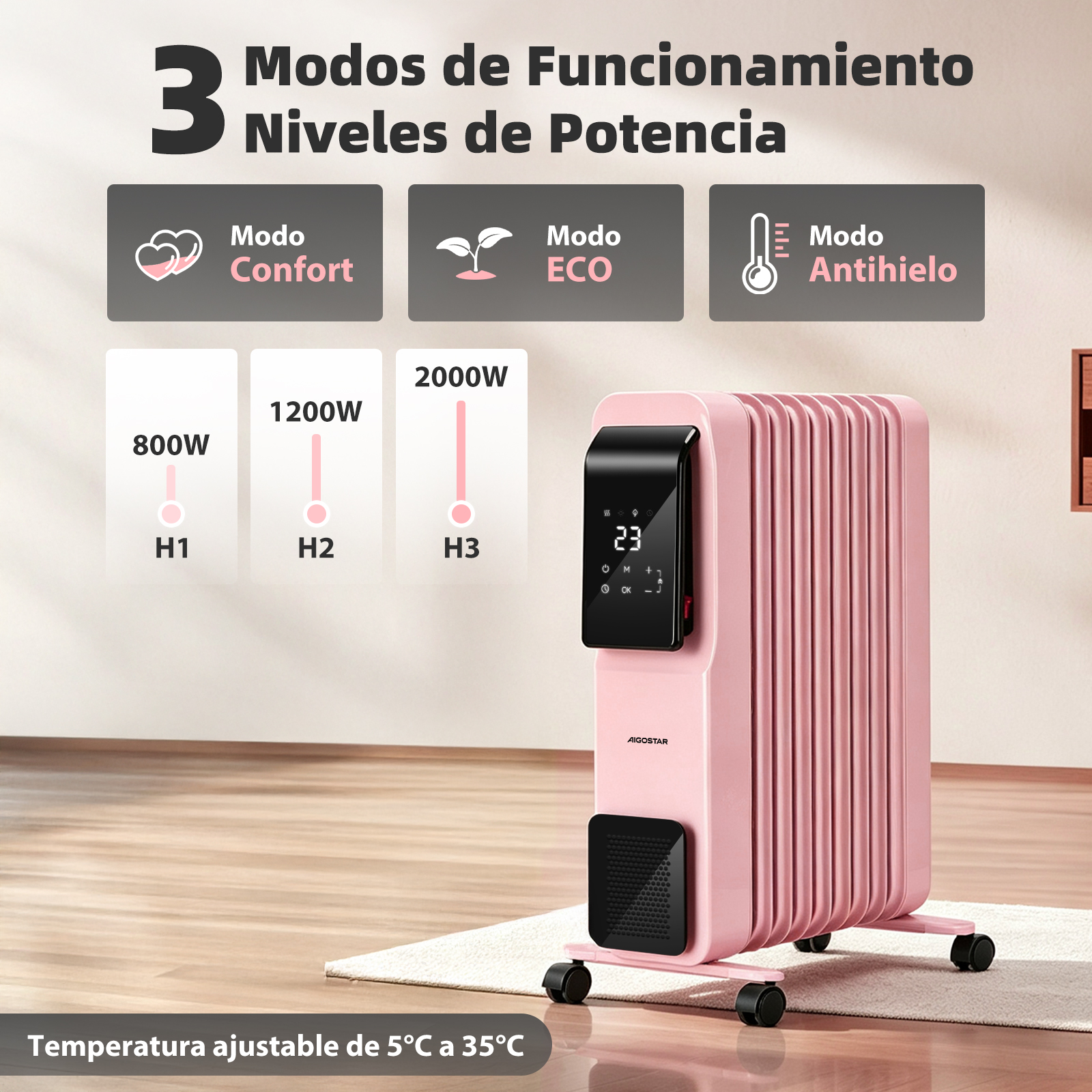 Radiador de aceite rosa con ruedas, tres modos, potencias de 800W a 2000W y controles digitales.