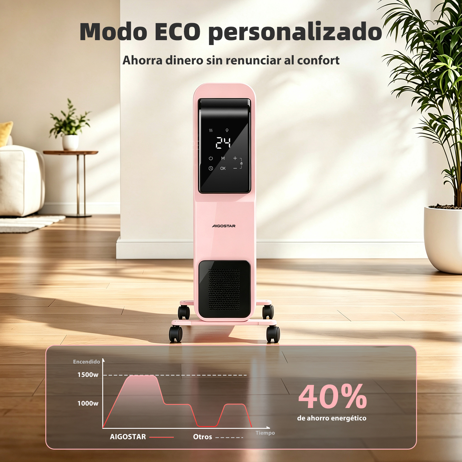 Un calefactor eléctrico rosa con ruedas sobre suelo de madera en una habitación luminosa.