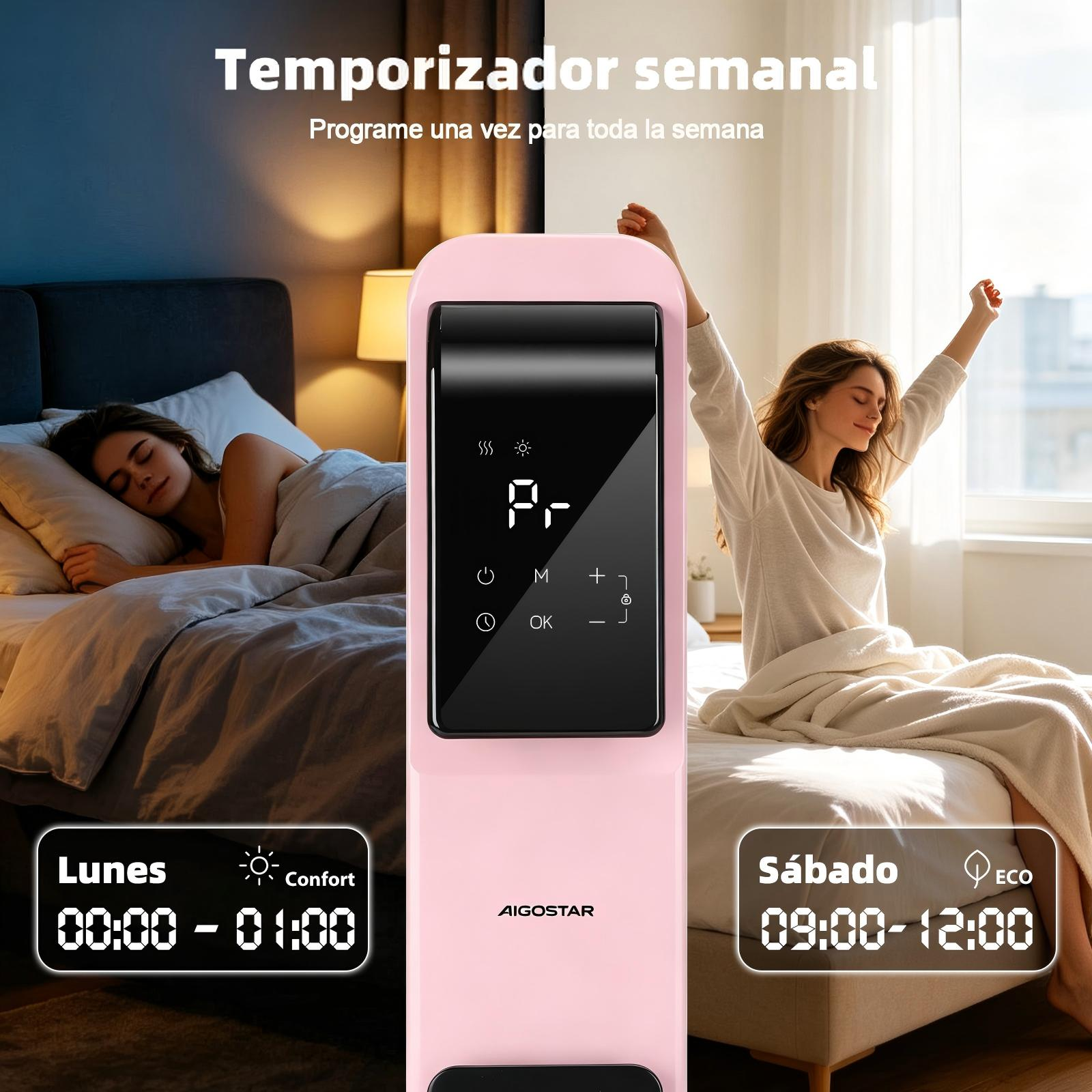 Un calefactor rosa Aigostar se encuentra entre una mujer durmiendo de noche y otra estirándose por la mañana.