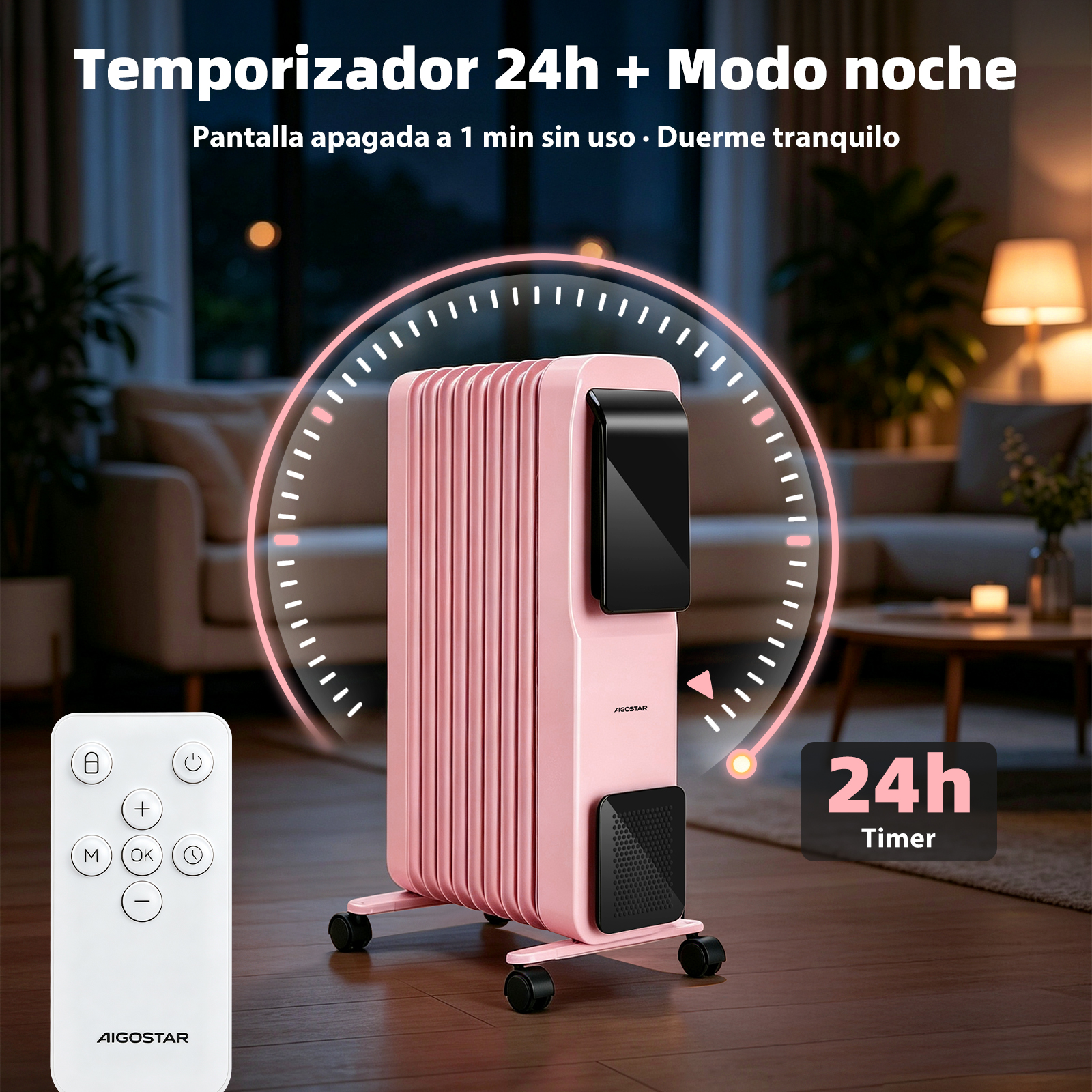 Radiador de aceite rosa con temporizador y control remoto en una sala de estar.