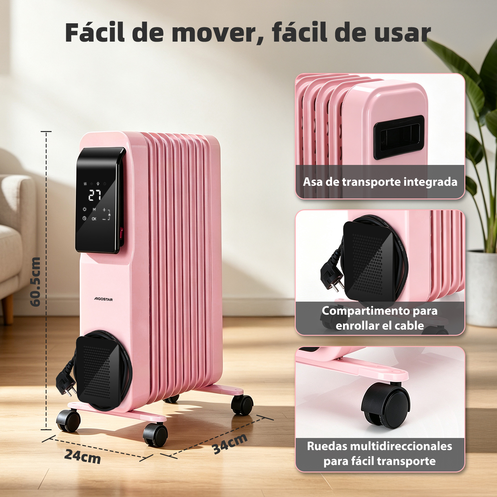 Radiador de aceite rosa con pantalla digital, asa, recogecables y ruedas, mostrando dimensiones en cm.
