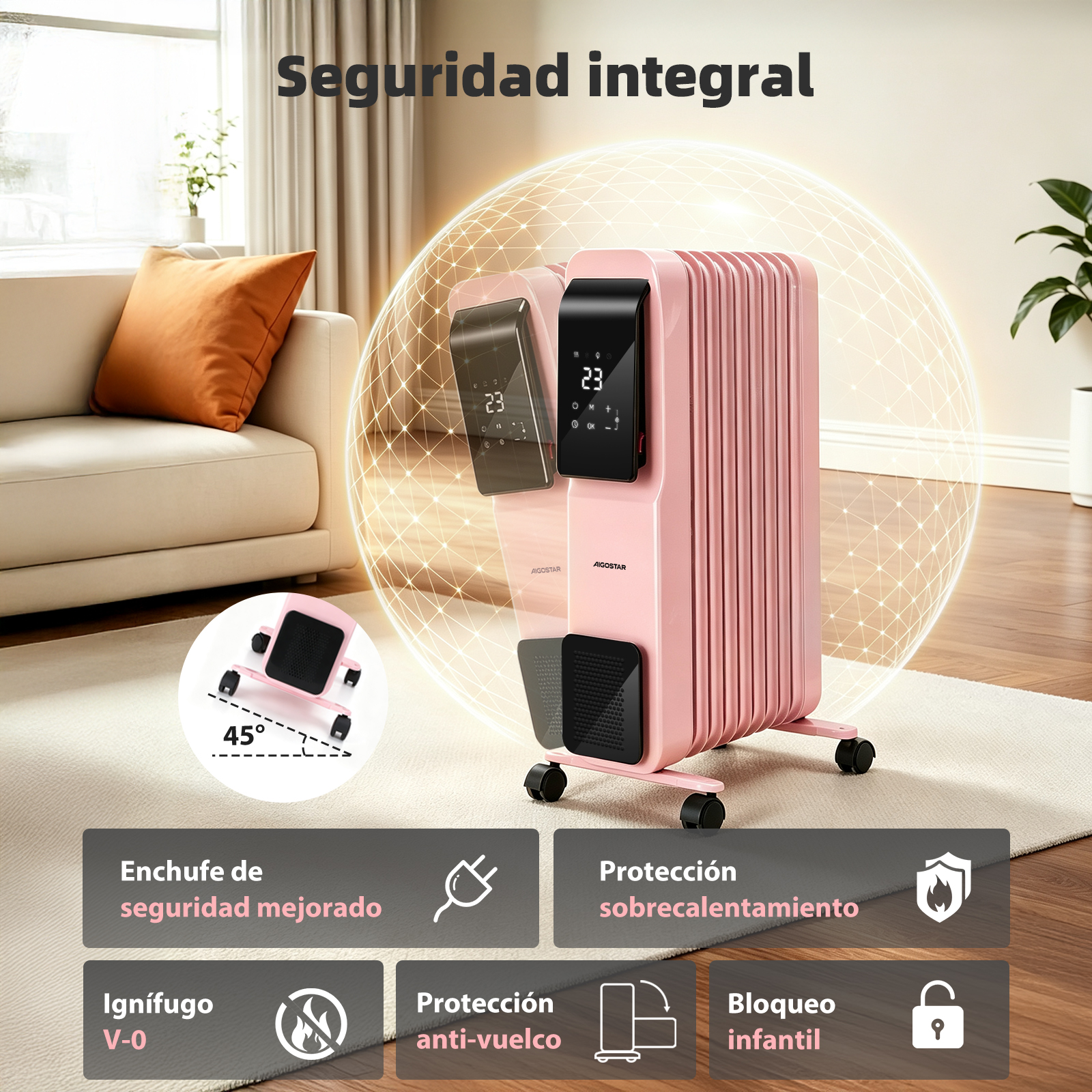 Radiador eléctrico rosa sobre alfombra en sala luminosa, con iconos de seguridad.