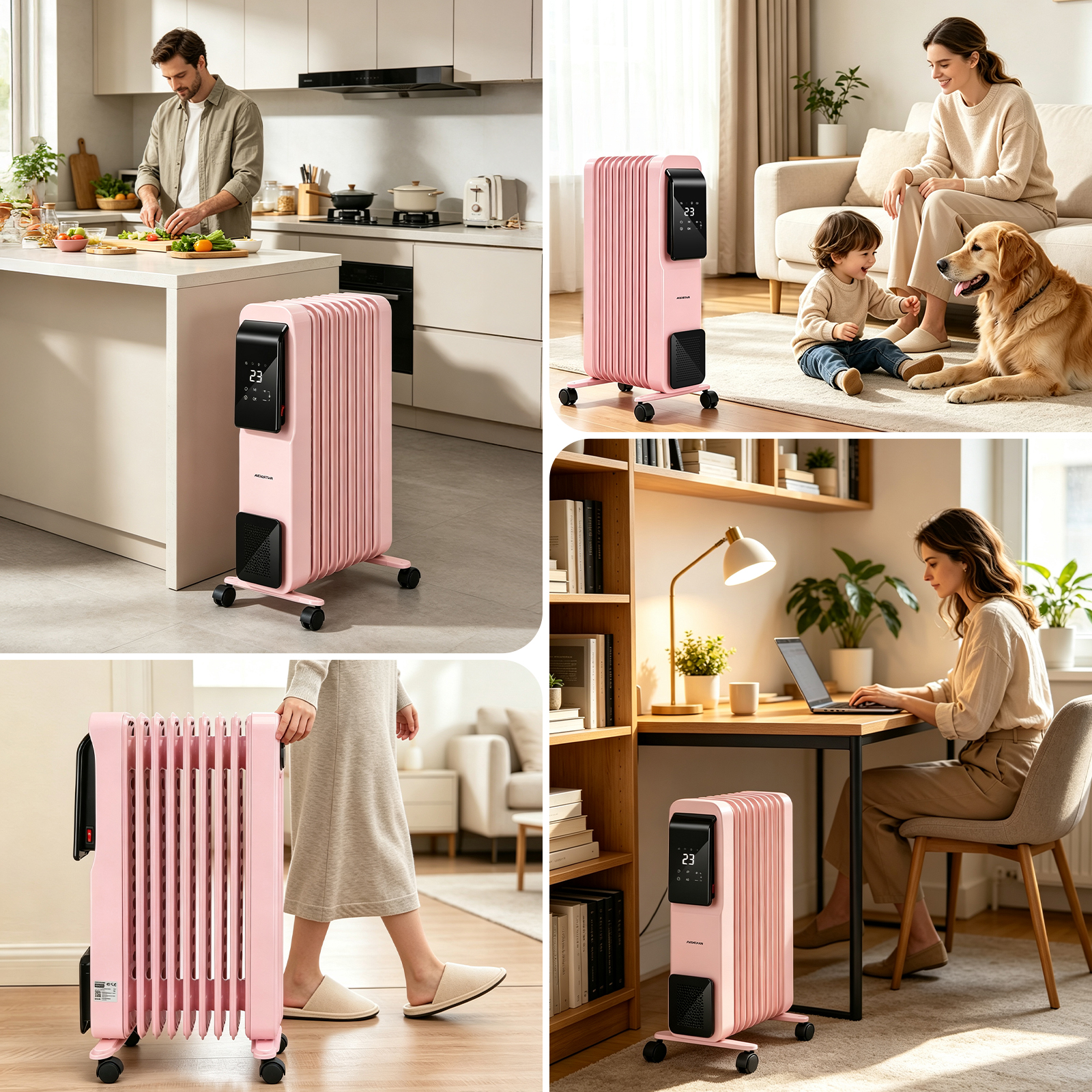 Un calefactor de aceite rosa portátil se muestra en varios espacios habitables con personas y mascotas.