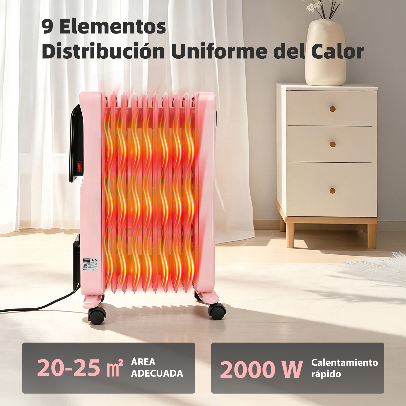 Radiador de aceite rosa con efecto de calor en habitación con cómoda.