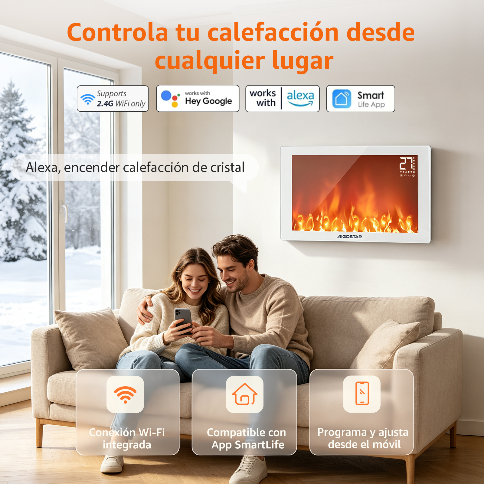 Una pareja en un sofá controla un calefactor eléctrico de pared con efecto de llama mediante una aplicación.