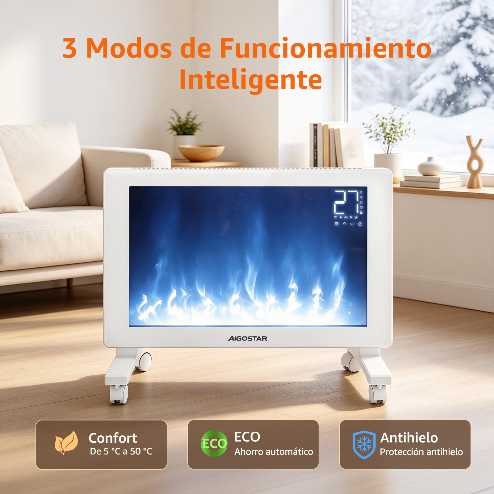 Un calefactor eléctrico blanco con pantalla digital y efecto de llama azul en una sala luminosa.