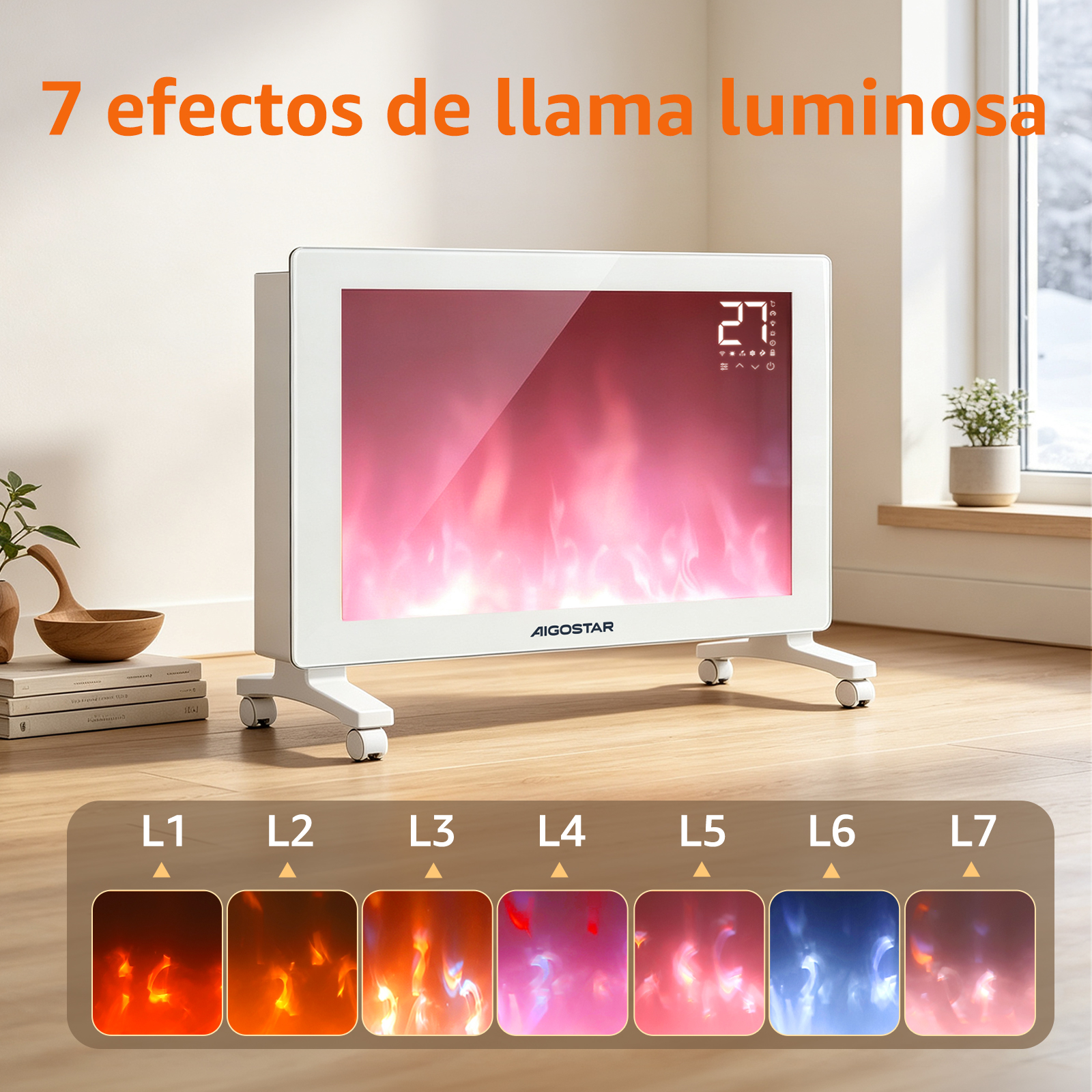 Calefactor eléctrico Aigostar blanco con llamas virtuales en la pantalla, sobre suelo de madera.