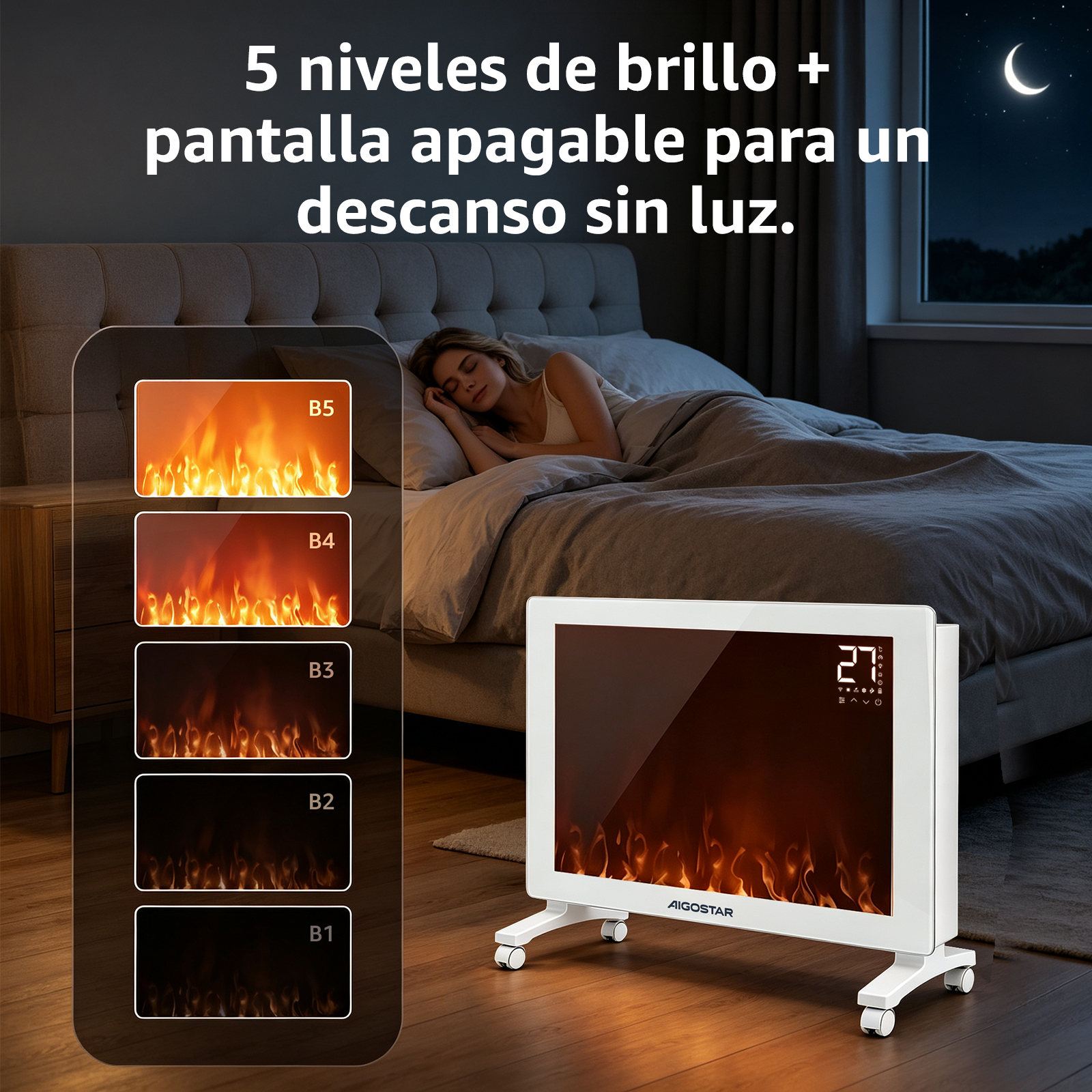 Un calefactor de chimenea portátil con cinco niveles de brillo se encuentra en un dormitorio mientras una mujer duerme.