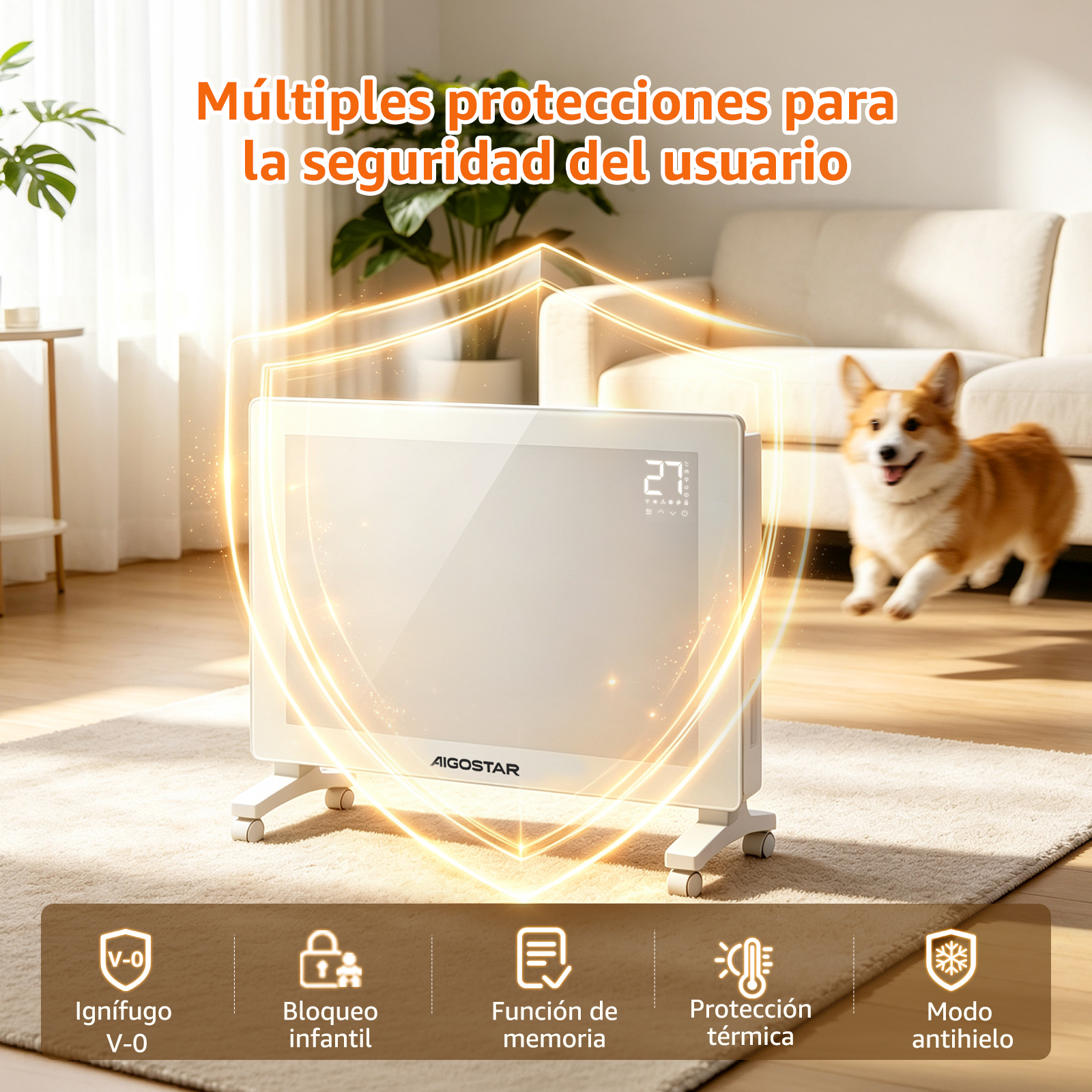 Calefactor de panel blanco Aigostar sobre alfombra con escudo protector brillante, un perro y iconos de seguridad.