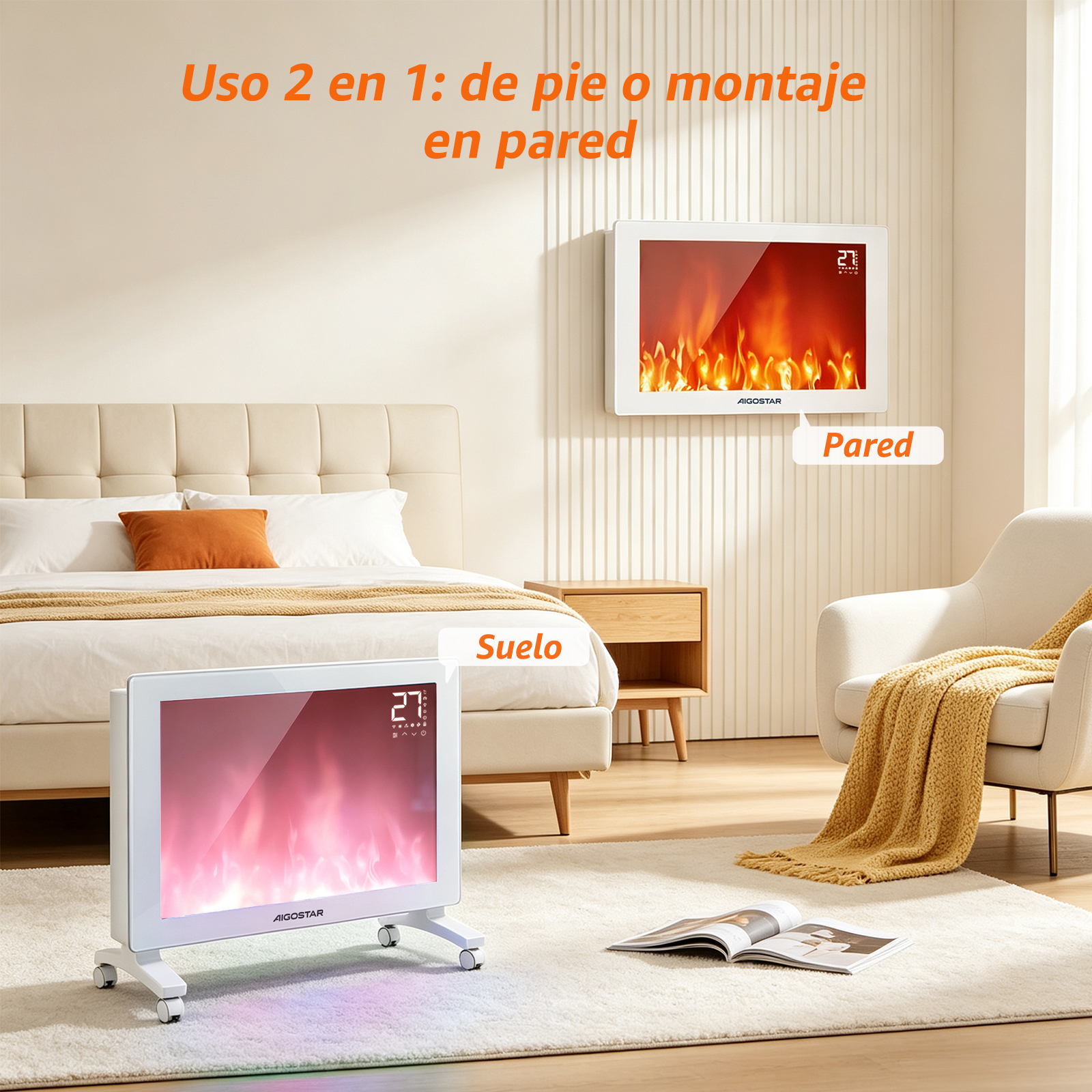 Un dormitorio muestra un calefactor de chimenea eléctrica 2 en 1 en el suelo y montado en la pared.