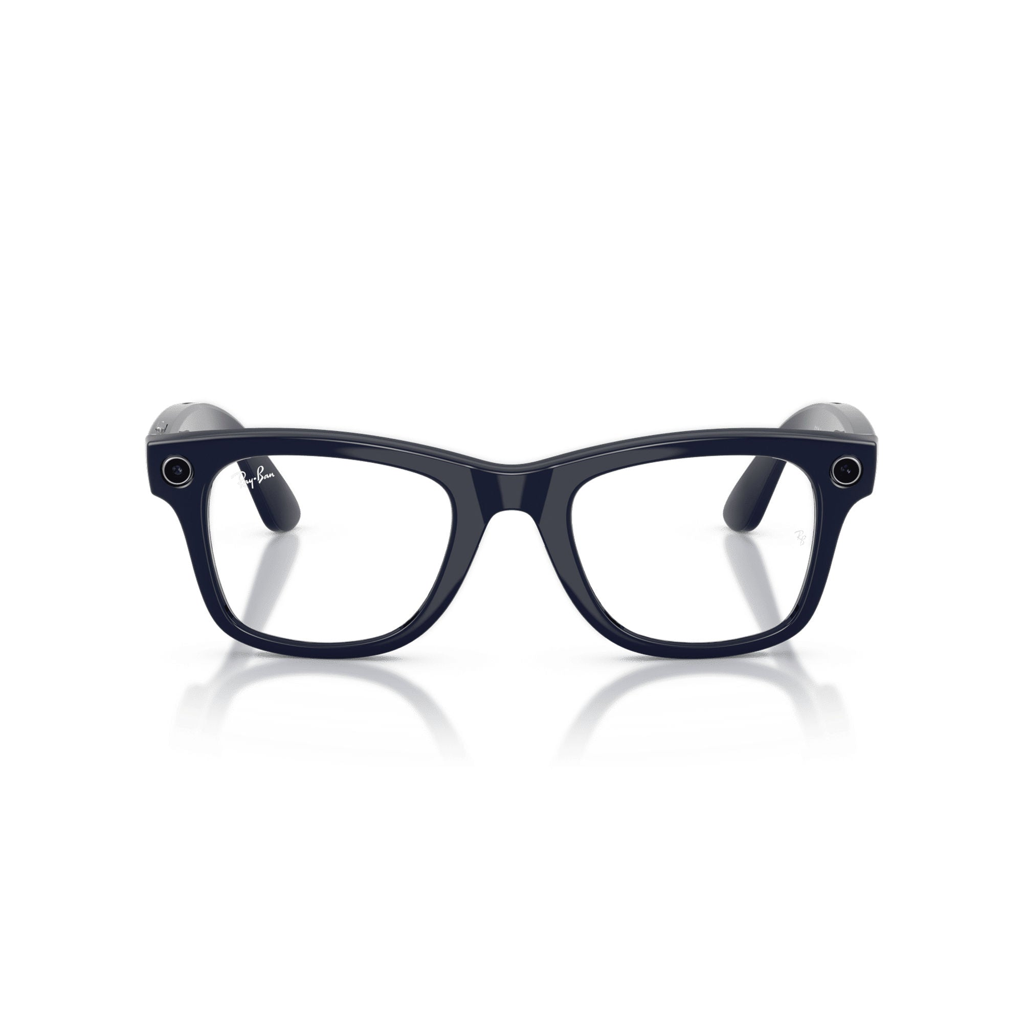 Köşelerinde yerleşik kameralar bulunan siyah Ray-Ban akıllı gözlük, beyaz arka planda önden görünüm.