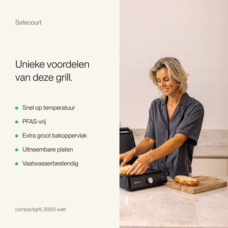 A smiling woman prepares sandwiches on a black Safecourt contact grill next to a wooden cutting board.