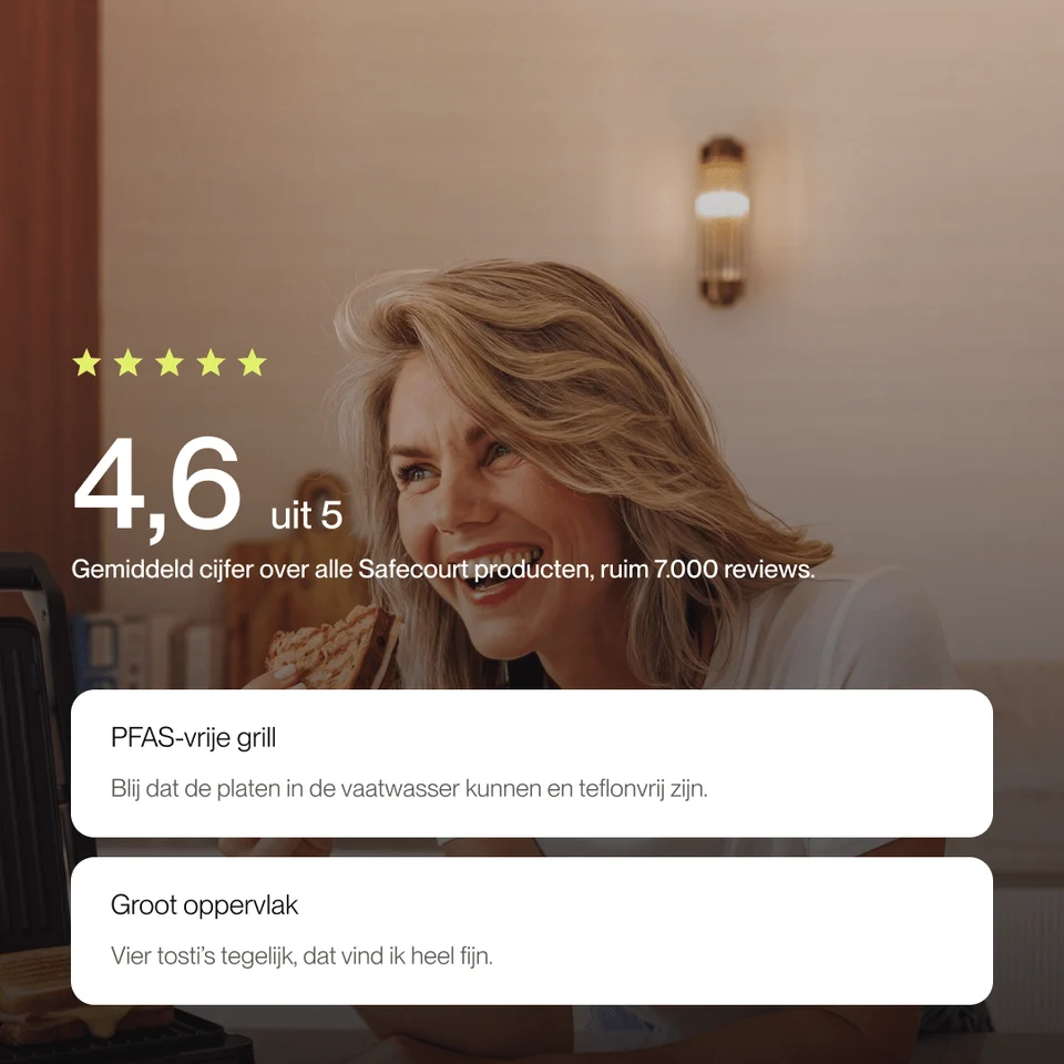 A smiling blonde woman holds a sandwich in front of a wall with overlaid text boxes and star ratings.