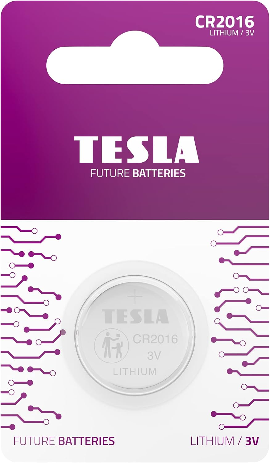 Empaque de pila de botón de litio Tesla CR2016 morado con diseño de circuito impreso.