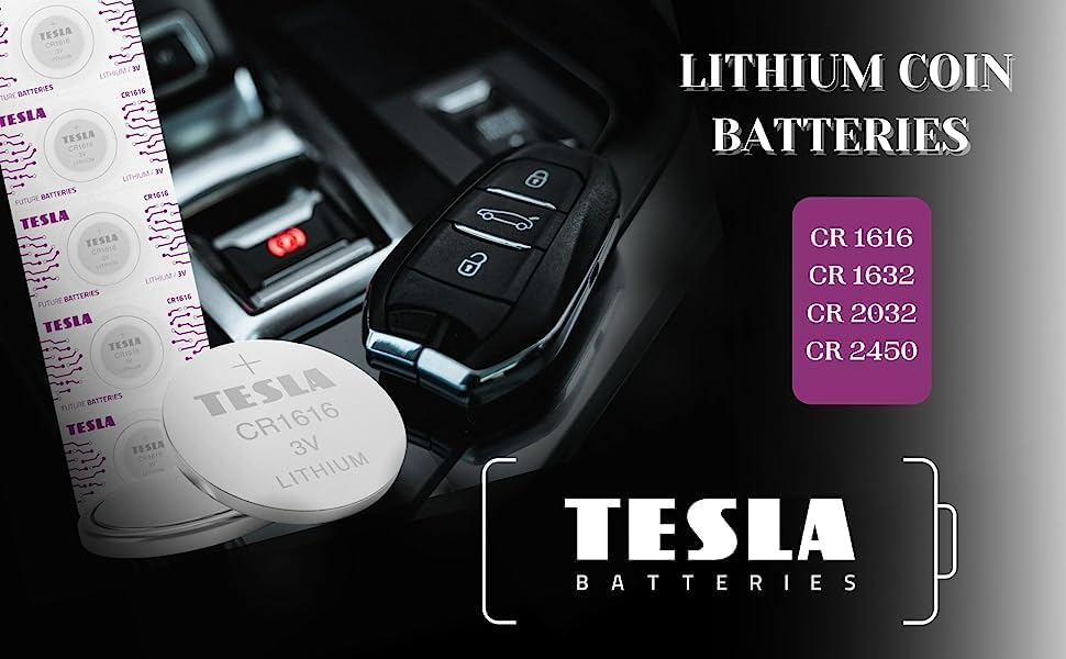 Pilas de botón de litio Tesla y llave de coche en un interior.
