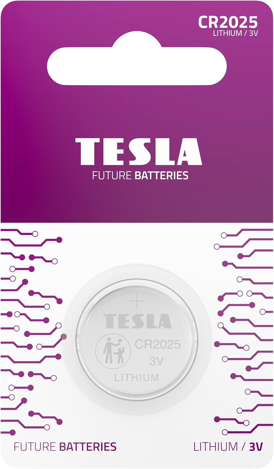 Empaque de batería de litio Tesla CR2025 morado con circuitos y marca blanca.
