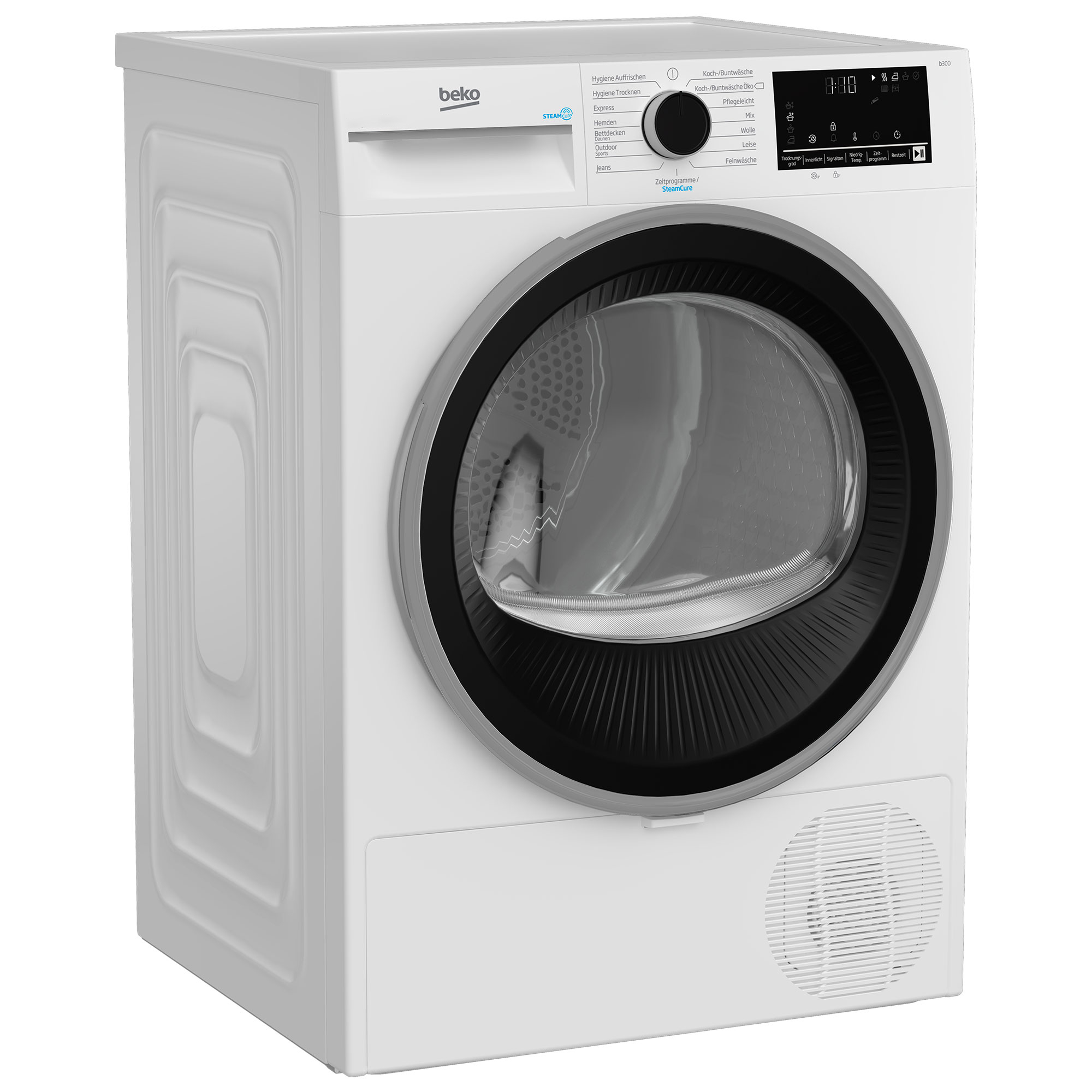 Ein weißer Beko Trockner mit schwarzer Glastür und Display.