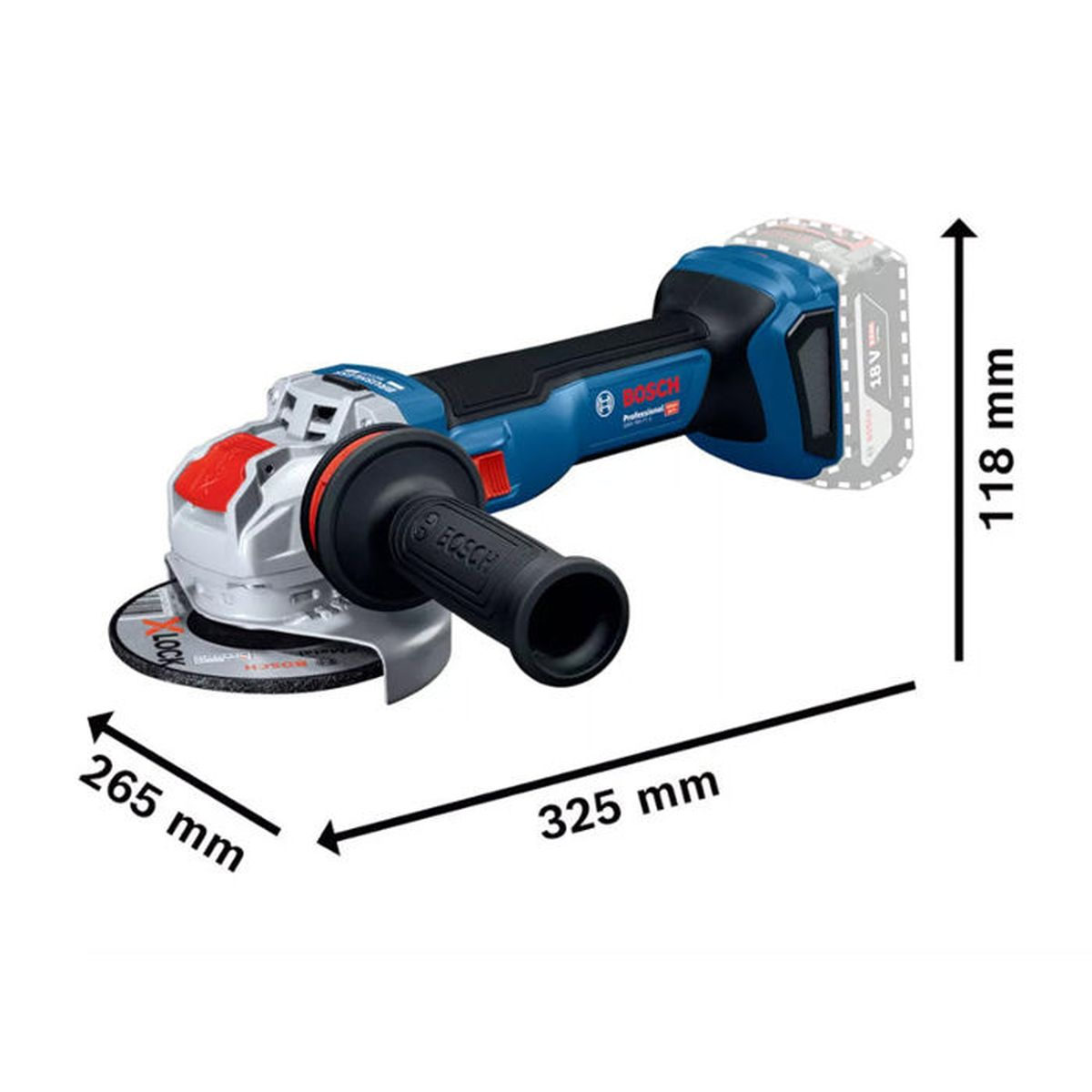 Blaue Bosch Akku-Winkelschleifer mit Maßen von 325 mm Länge, 265 mm Breite und 118 mm Höhe auf weißem Hintergrund.