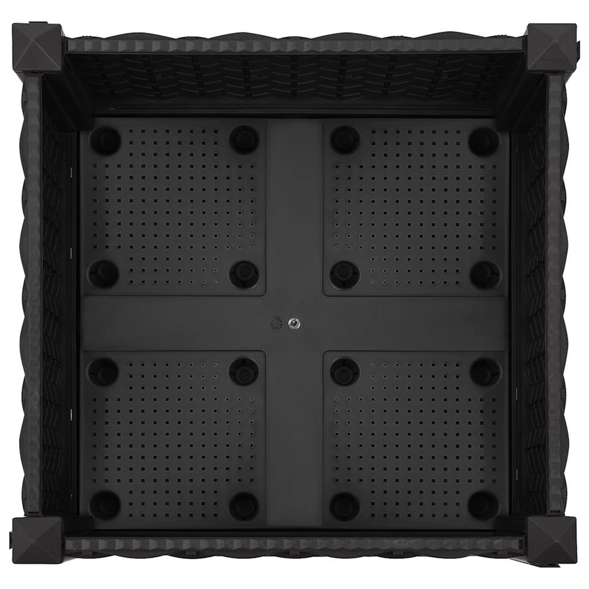 Top-Down-Ansicht eines schwarzen quadratischen Pflanzgefäßes mit perforiertem Boden und strukturierten Wänden.