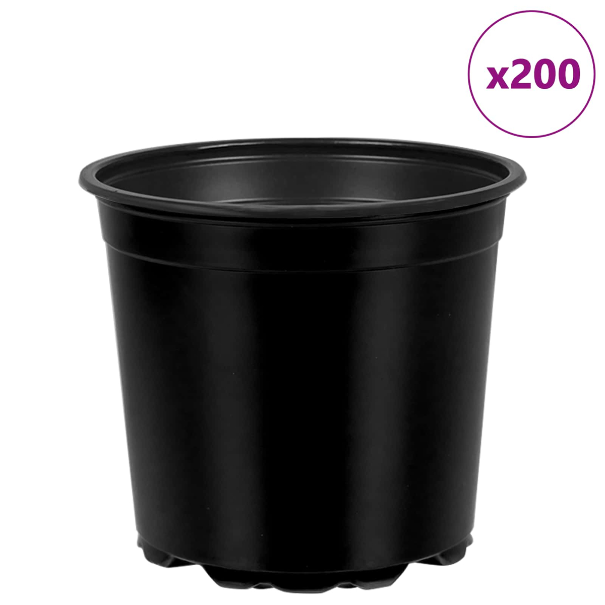 Ein einzelner schwarzer Plastik-Pflanztopf vor weißem Hintergrund mit einem x200-Symbol in der oberen rechten Ecke.