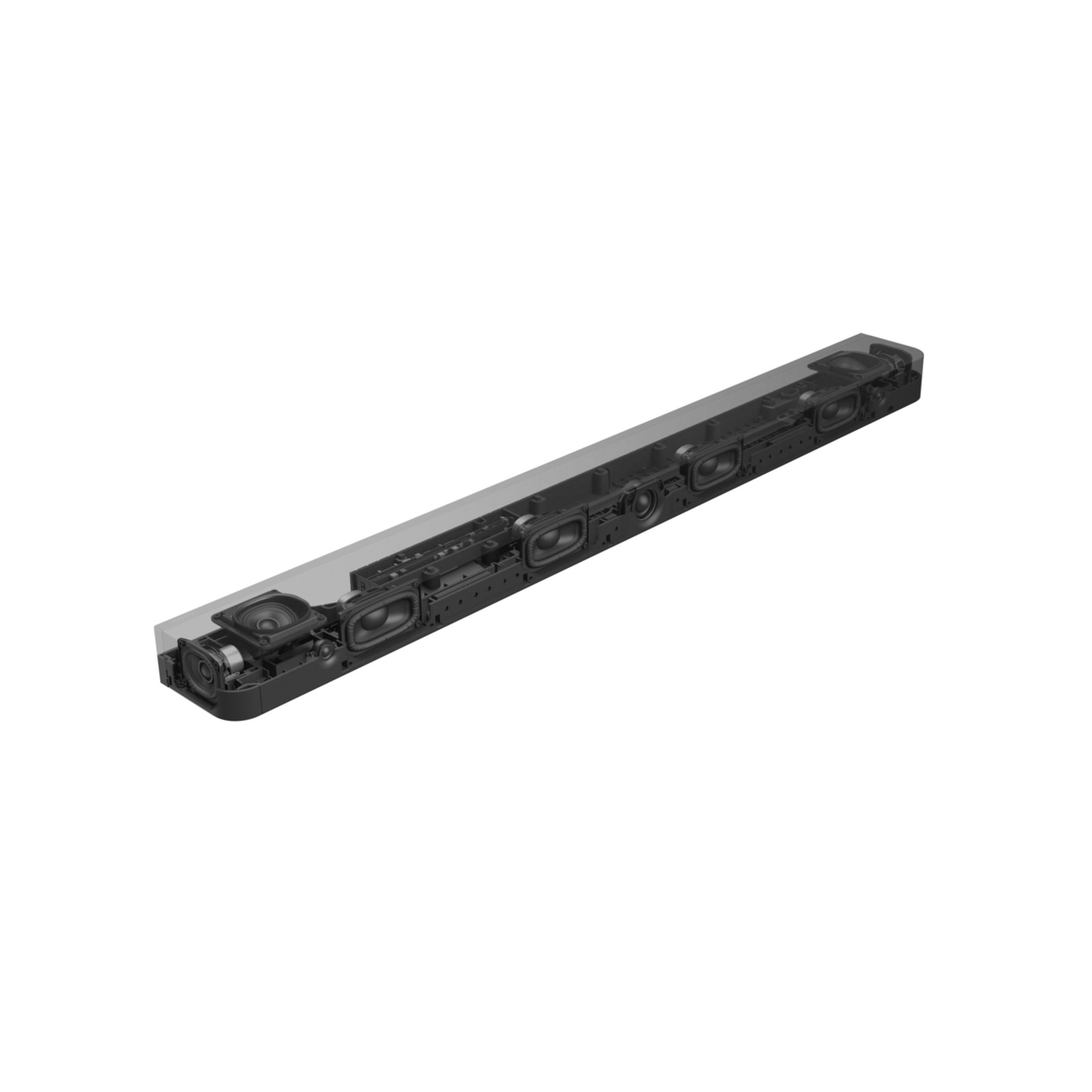 Vista interna di una soundbar nera, che mostra più altoparlanti e componenti audio disposti orizzontalmente.
