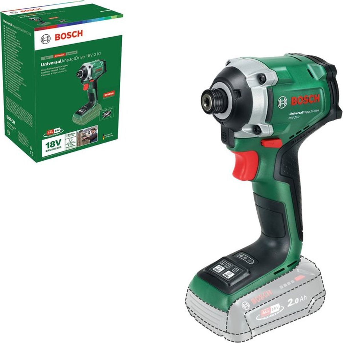 Avvitatore a impatto a batteria Bosch verde vicino alla sua confezione.