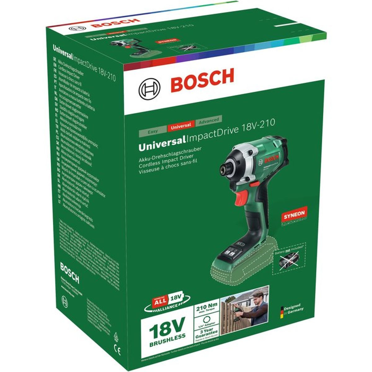 Confezione dell'avvitatore a impatto a batteria verde Bosch UniversalImpactDrive 18V-210.