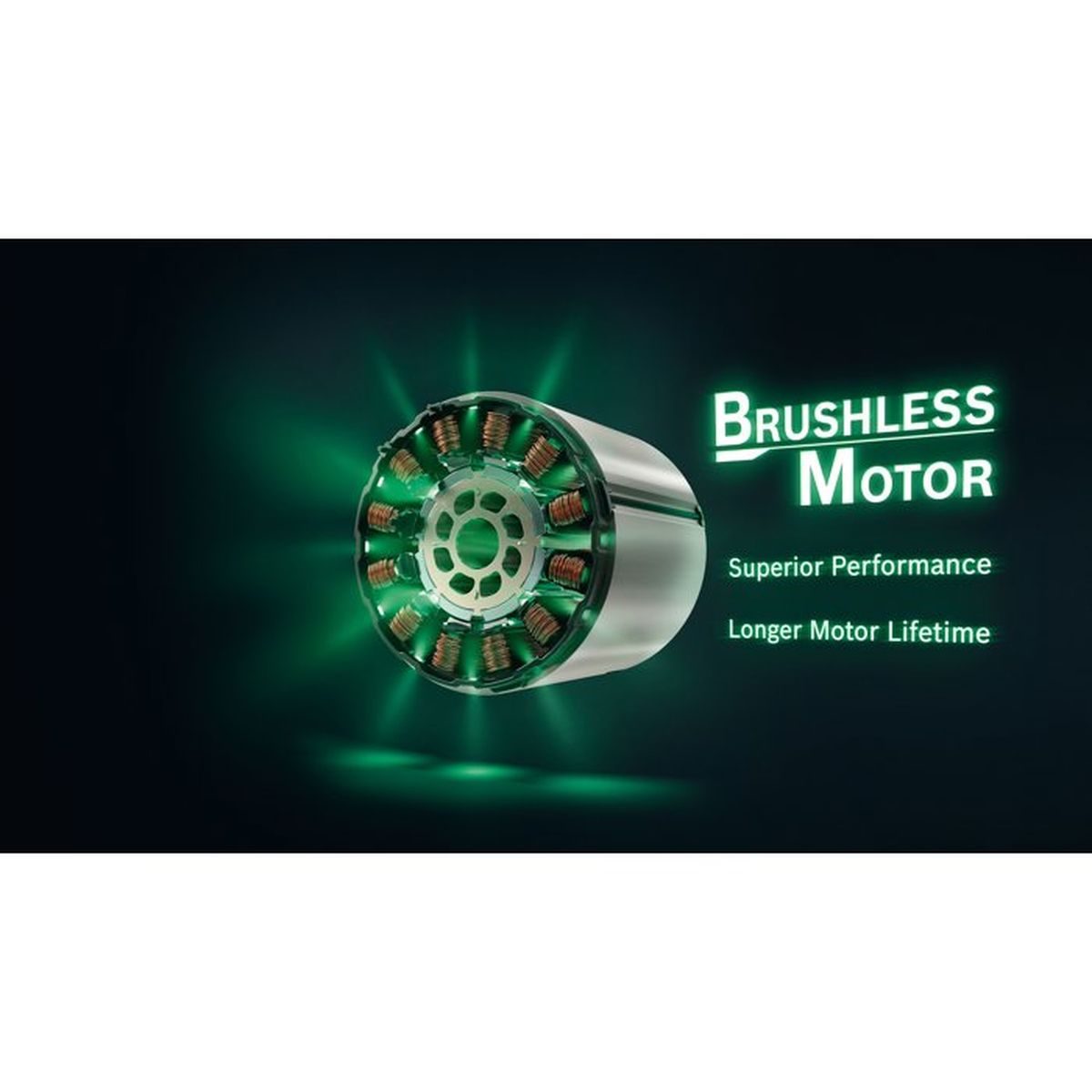 Motore brushless con effetti di luce verde luminosa e testo su prestazioni e durata su sfondo nero.