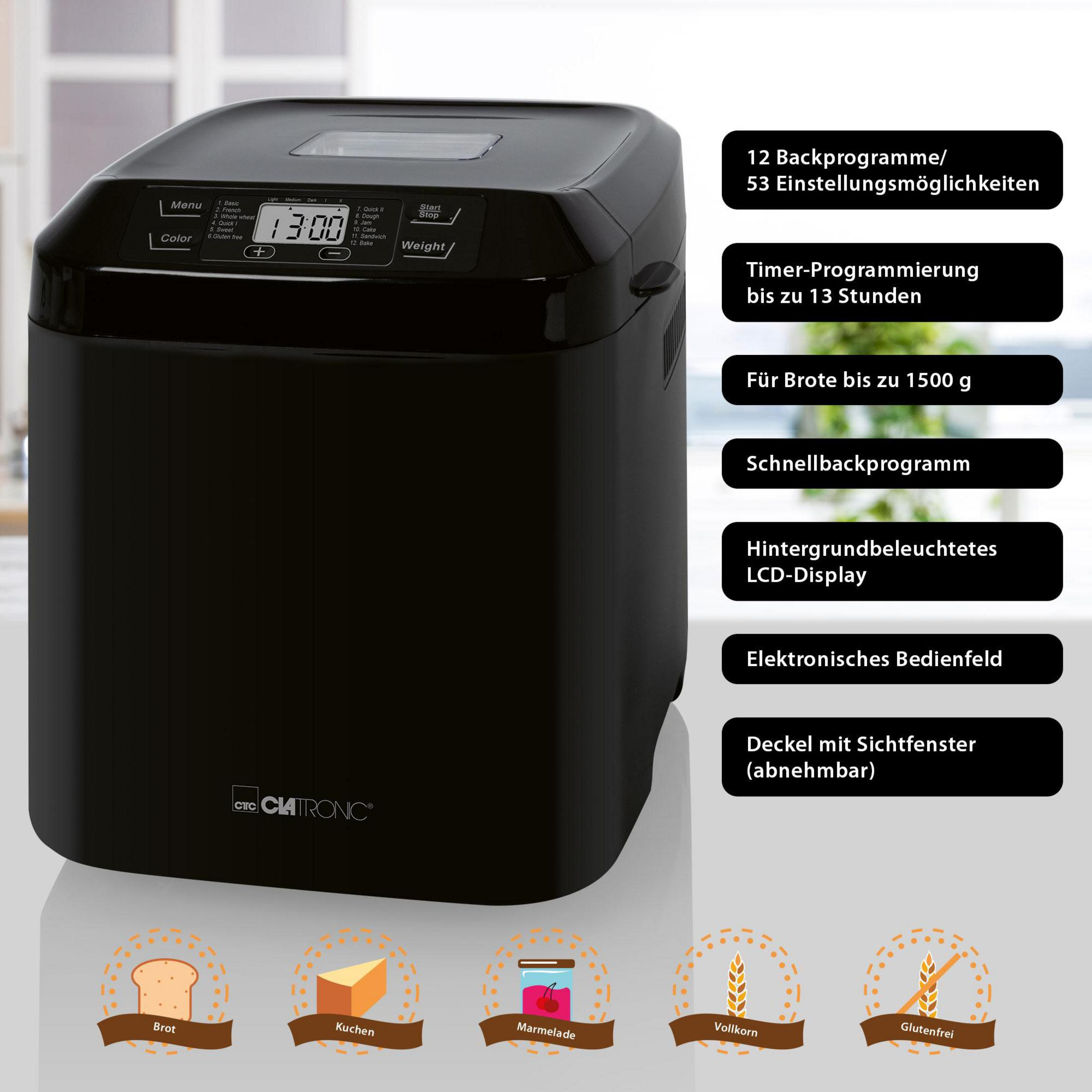 Macchina del pane nera con display digitale, pulsanti e caratteristiche a destra.