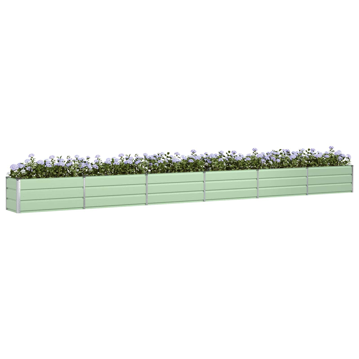 Langer, hellgrüner Hochbeetkasten aus Metall mit blau-violetten Blumen und grünem Laub auf weißem Hintergrund.