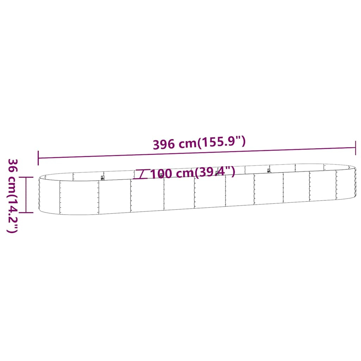 Strichzeichnung eines ovalen Hochbeets mit den Maßen: 396 cm lang, 100 cm breit und 36 cm hoch.