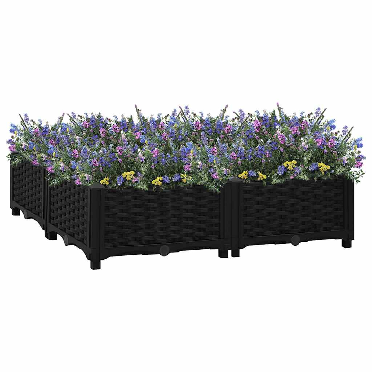 Ein rechteckiges, schwarzes Pflanzgefäß mit geflochtener Optik, gefüllt mit violetten, blauen und gelben Blumen auf weißem Grund.