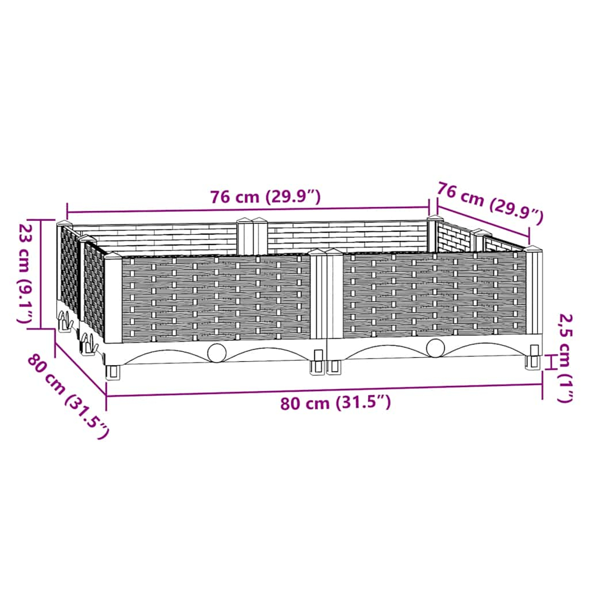 Diagramm eines rechteckigen, geflochtenen Pflanzgefäßes mit Maßangaben.