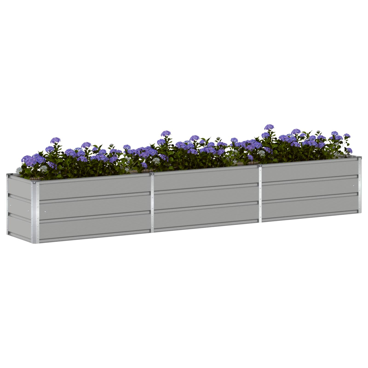 Ein langes, graues Hochbeet gefüllt mit grünem Laub und lila Blumen vor weißem Hintergrund.