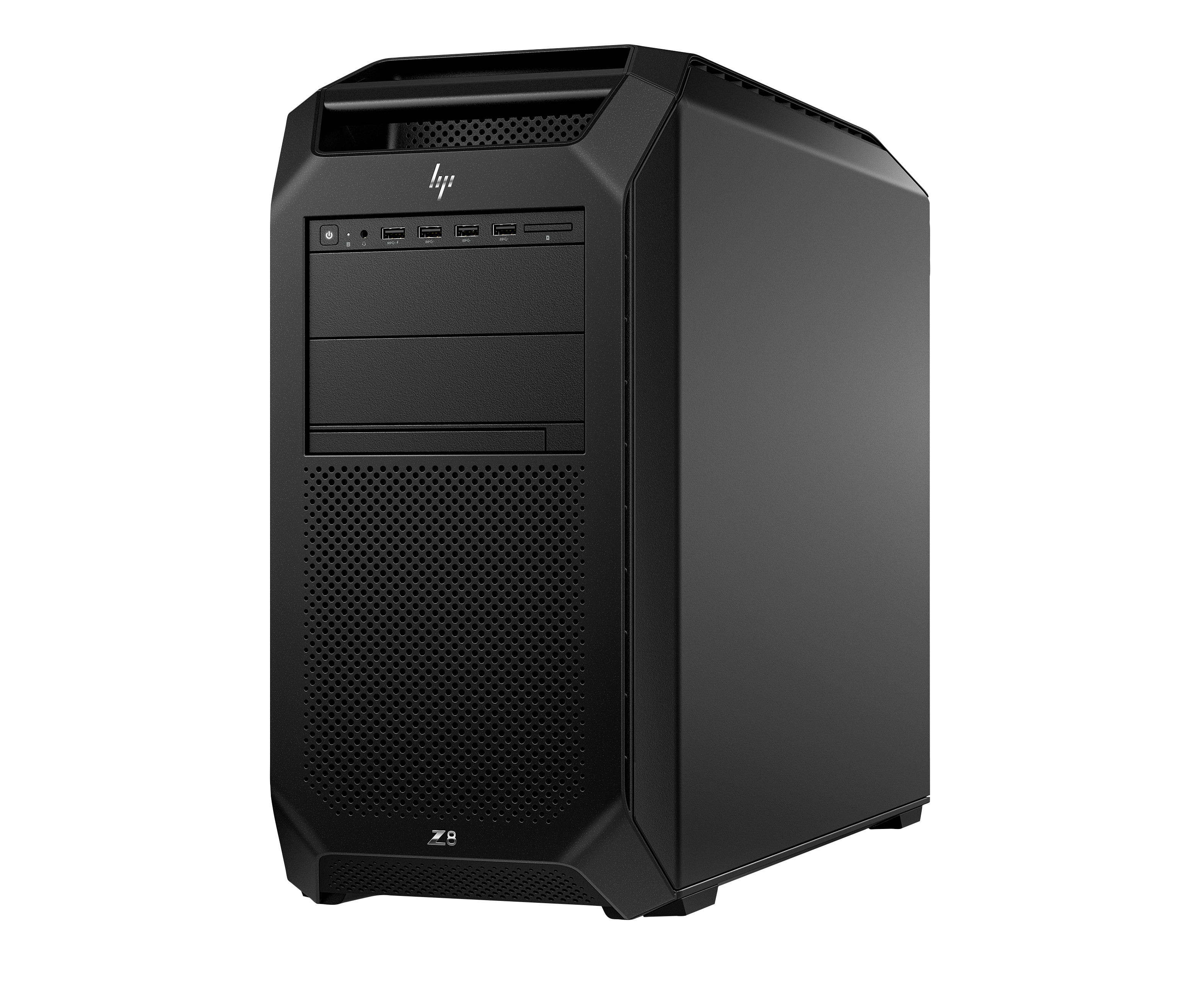 Computer desktop HP Z8 nero in un telaio moderno su sfondo bianco.
