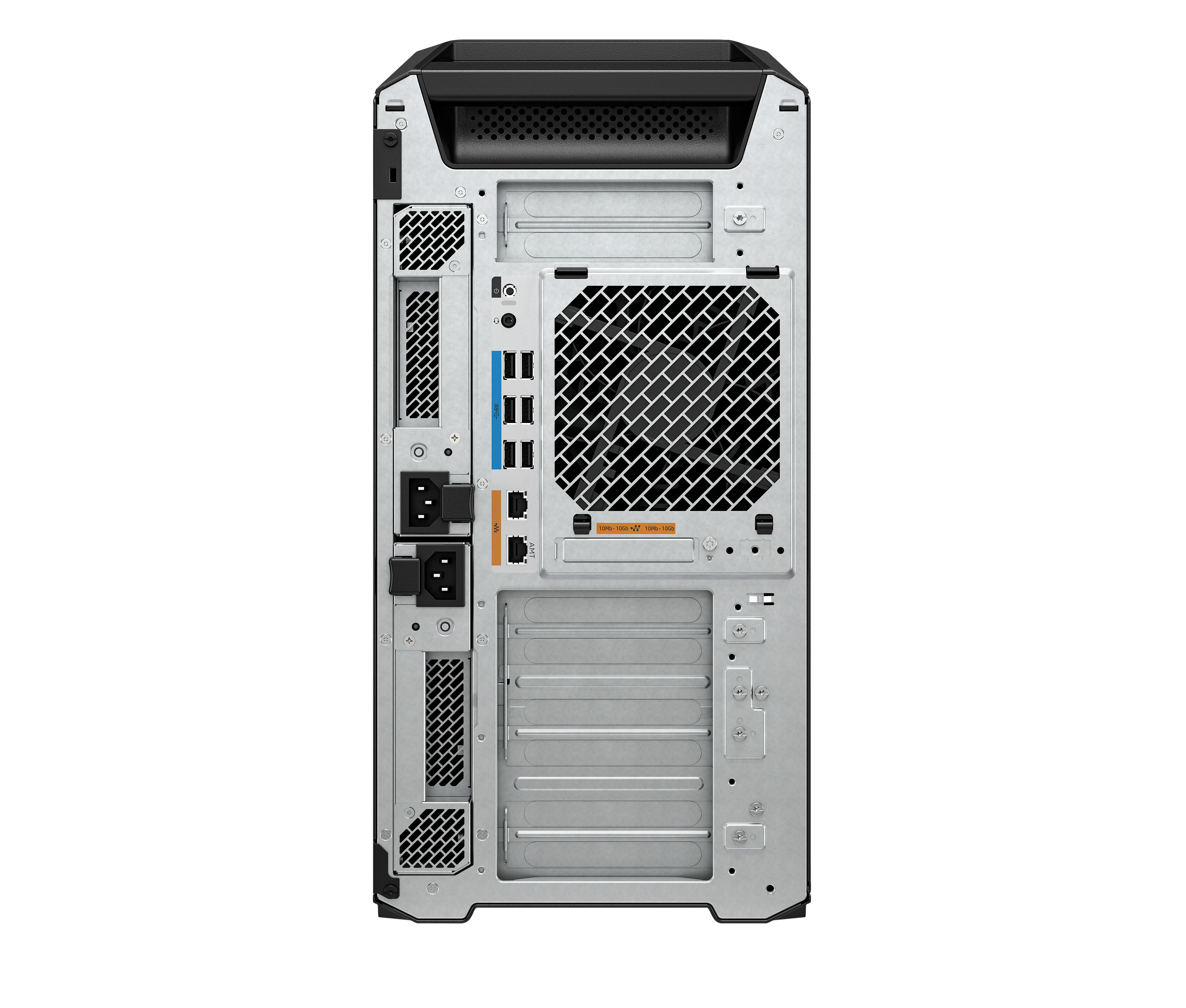 Vista posteriore di un case per computer nero con griglia di ventilazione, porte USB, jack audio e slot di espansione.