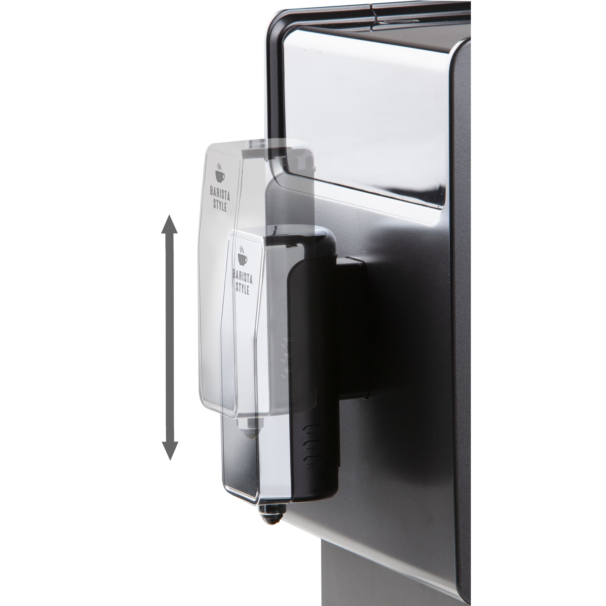 Macchina da caffè con beccuccio regolabile e frecce verticali.