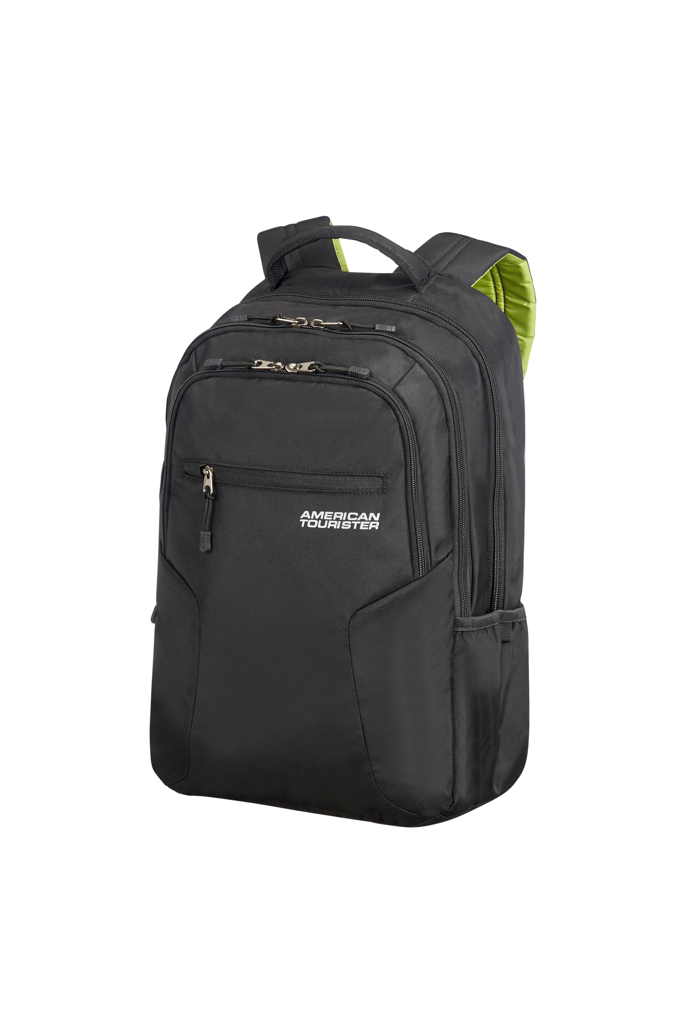 Een zwarte American Tourister rugzak met meerdere vakken en felgroene accenten tegen een witte achtergrond.